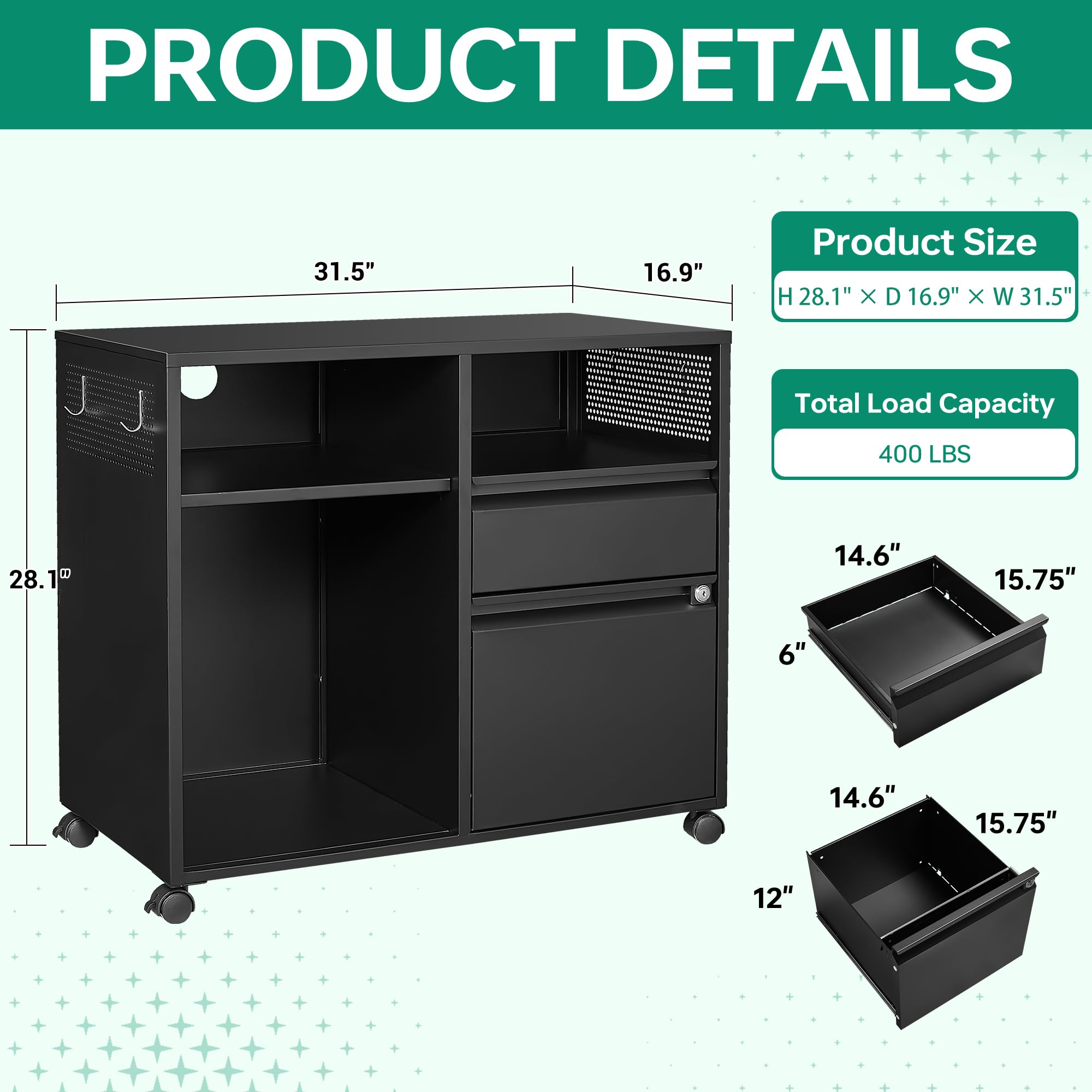 Letaya Mobile File Cabinet - Metal Lateral Rolling Printer Stand with Shelves for Home Office Storage - Organize A4/F4/Letter Size Documents - Perfect for Office, Study Room or Home Workspace (Black)