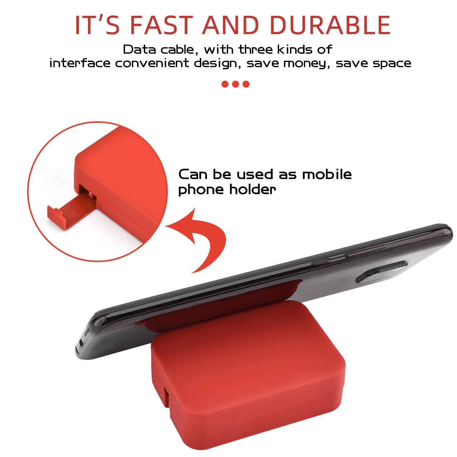 TEXXY 3-in-1 Retractable Charging Cable - Multi Charger for iPhone, Android, Laptop & Tablet - Portable Phone Holder & USB-C/Micro-USB/Lightning Cable - Perfect for Travel, Office & Home Use (Red)