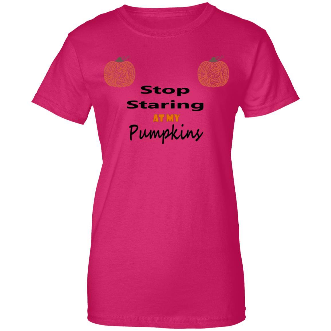 Stop Staring At My Pumpkins Women's 100% Cotton Graphic T-Shirt - Funny Fall Halloween Tee for Pumpkin Patch & Autumn Outings
