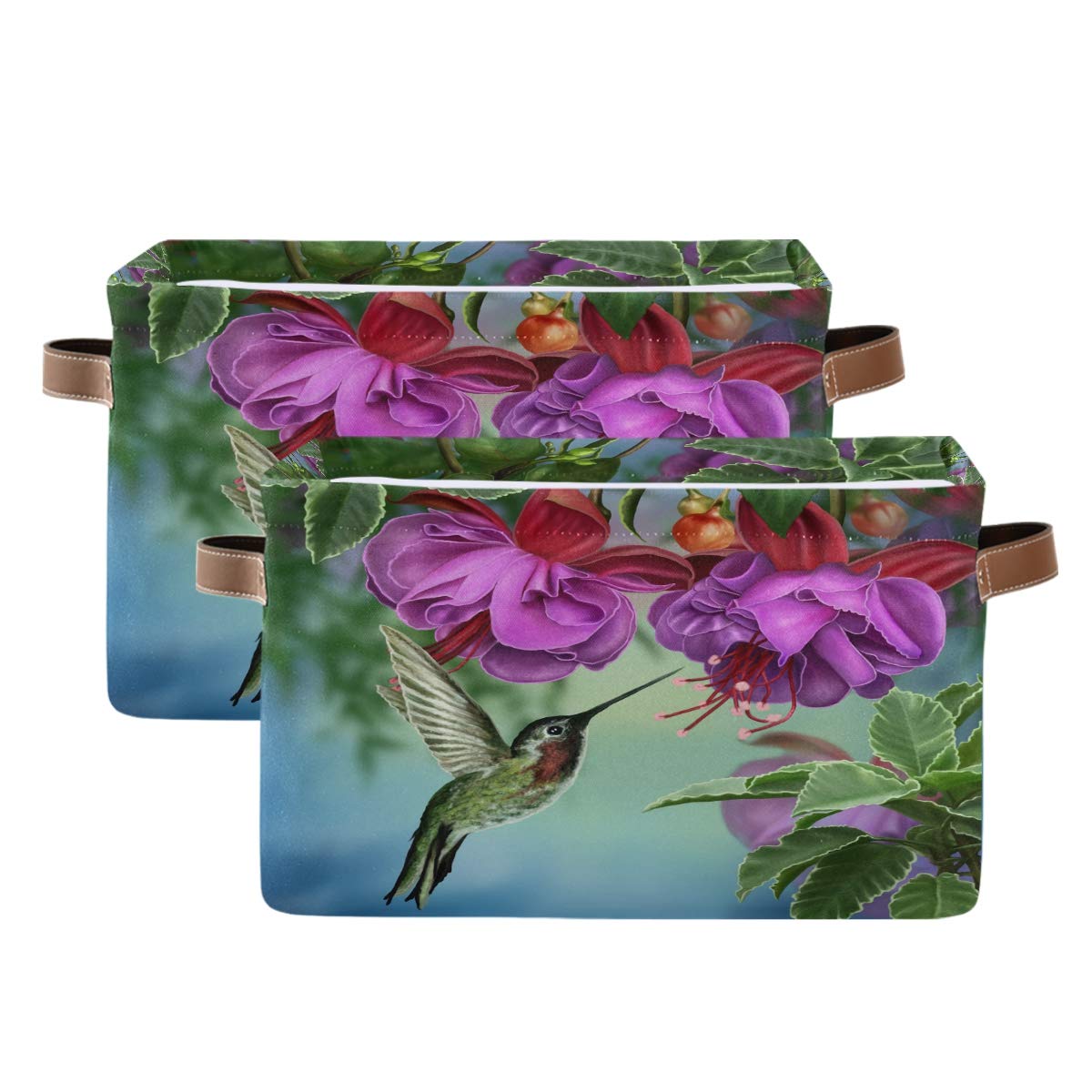 Hummingbird Flower Pattern Collapsible Storage Baskets - 2 Pack, 15x11x9.5 Inch, Large Fabric Storage Bins for Closet, Shelf, Bedroom, Laundry & Toy Organization - Perfect for Spring Cleaning & Home Decor