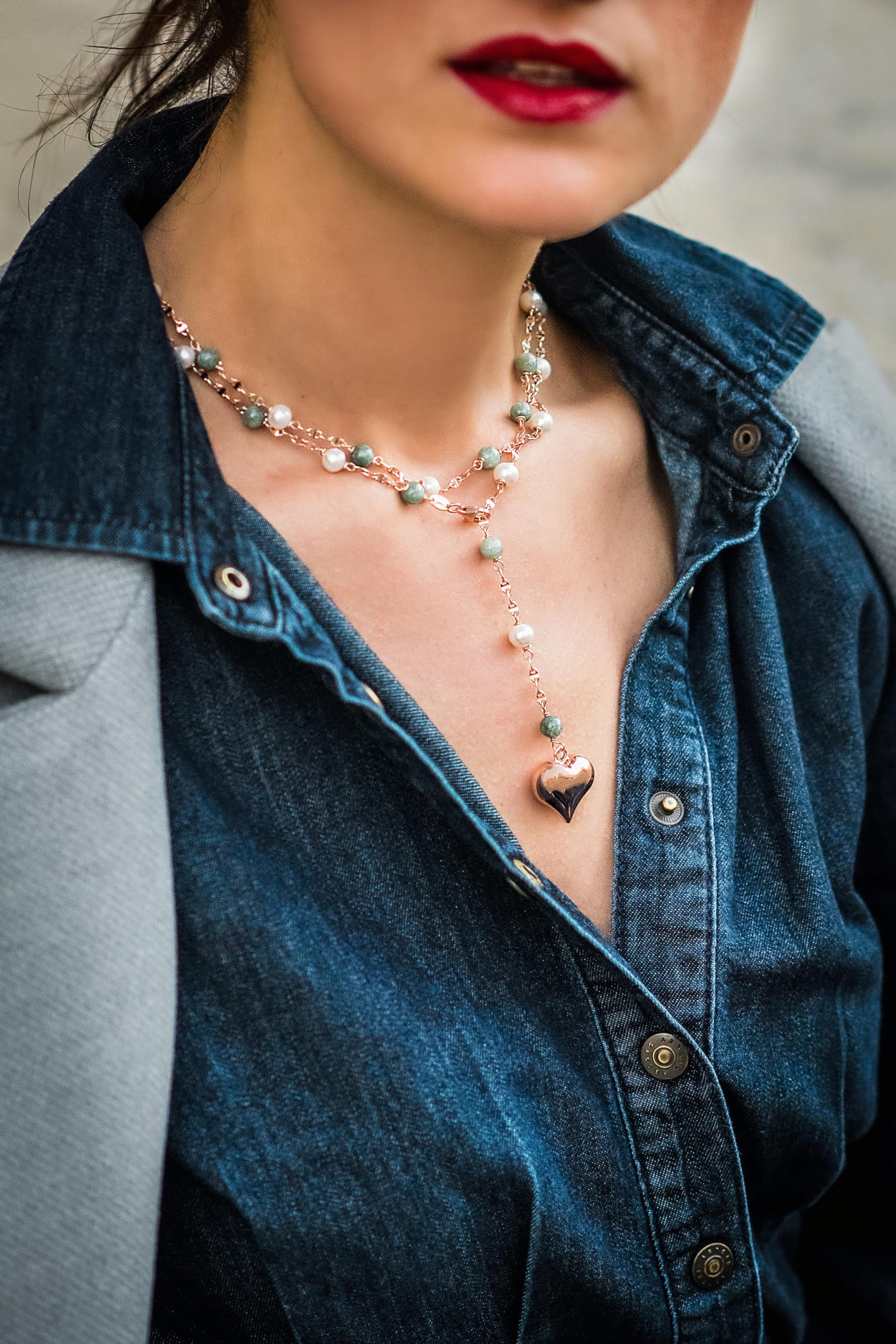 925 Sterling Silver Rose Gold Plated Heart Necklace with Natural Jade & River Pearl - Elegant Jewelry for Women, Perfect for Weddings, Parties & Gifts