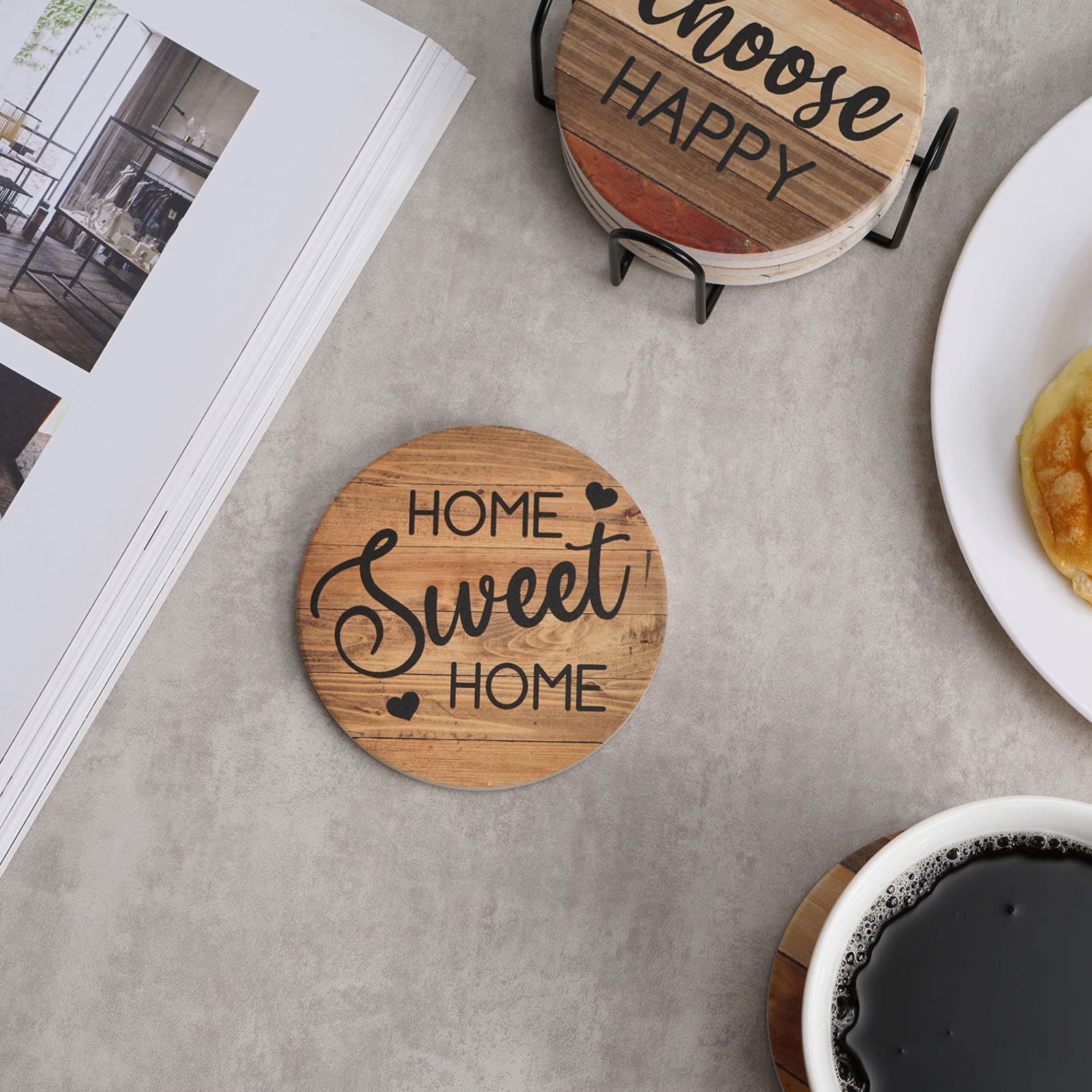 Adorever 6-Pack Absorbent Ceramic Drink Coasters with Holder - Rustic Farmhouse Style for Coffee Table Protection | Perfect Housewarming Gift & Home Decor for Kitchen, Living Room, and Dining Room Use
