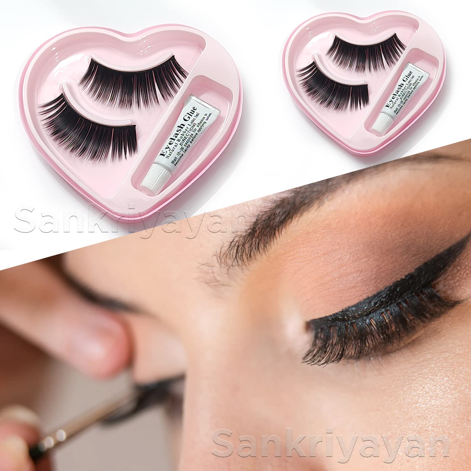 Sankrityayan 3-Pack Black Long Curly False Eyelashes with Glue - Natural Looking Voluminous Lashes for Women, Perfect for Parties, Weddings & Night Out Makeup