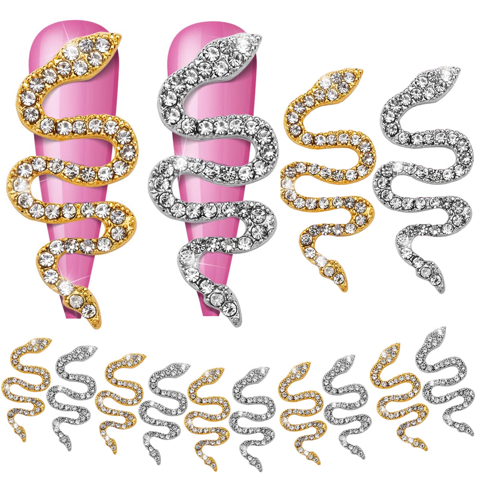 3D Retro Alloy Snake Nail Charms with Rhinestones - Gold & Silver Snake Wave Nail Studs, Crystal Diamonds for Acrylic Nails - DIY Nail Art Decorations for Halloween, Gothic Parties & Nail Salon Designs