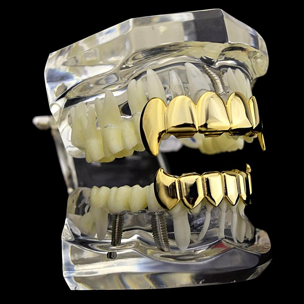 14K Gold Plated Vampire Fang Grillz Set - Top & Bottom Hip Hop Teeth Jewelry for Rappers & Halloween Costumes