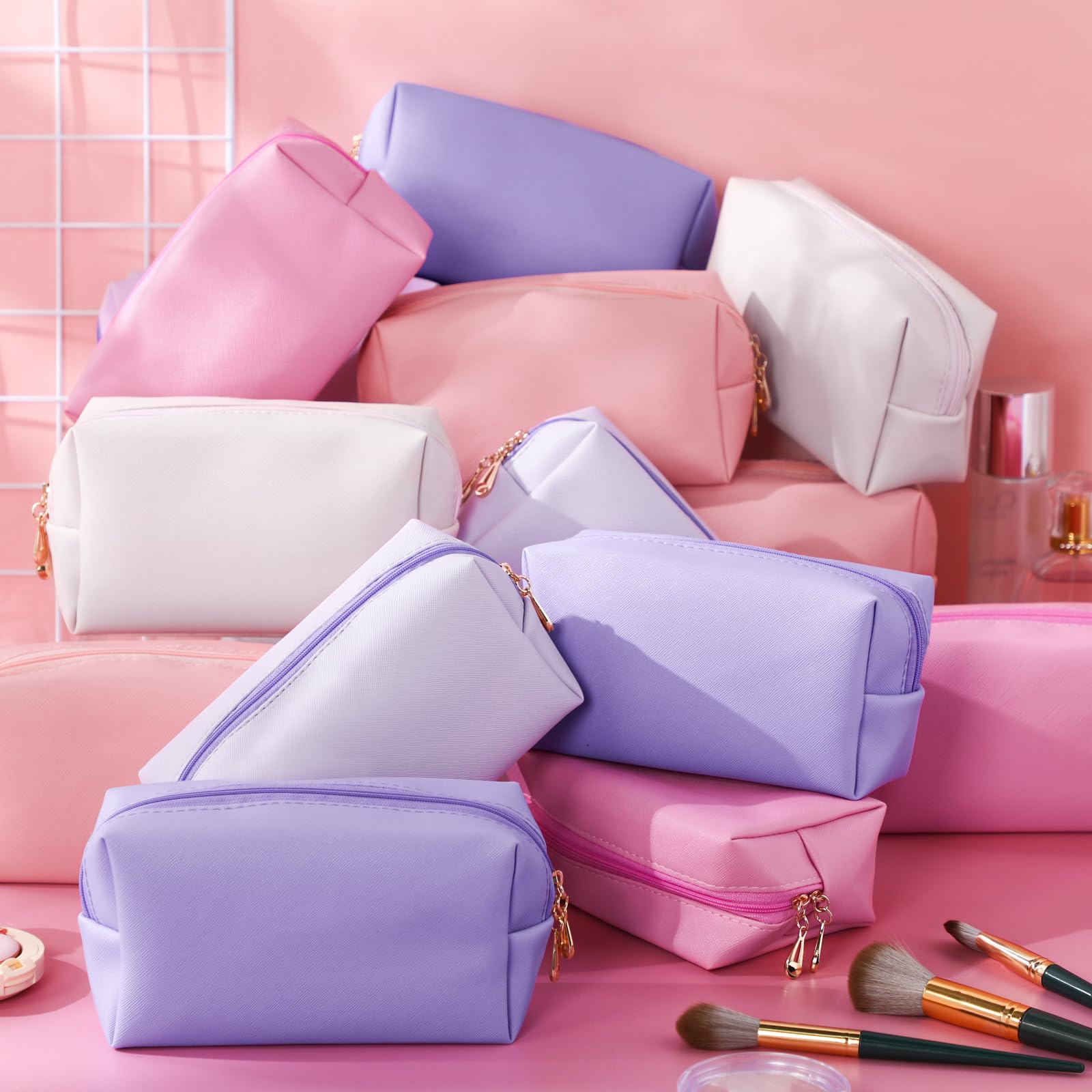 15 Pcs PU Leather Makeup Bags - Waterproof Cosmetic Pouches for Women Travel & Party Gifts (Pink Purple)