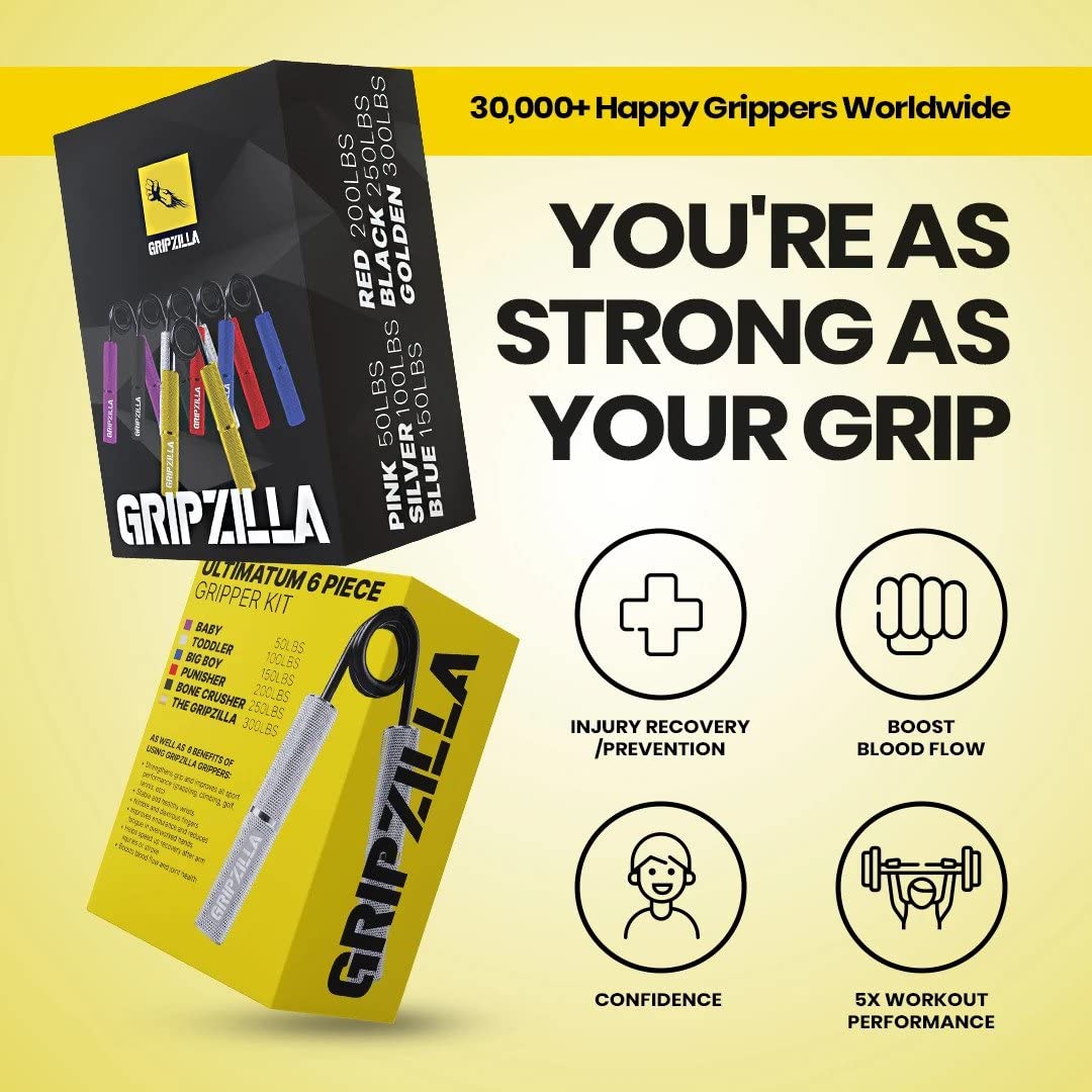 GRIPZILLA Grip Strength Trainer Set 50-300LB - Heavy Duty Hand Gripper Strengthener Kit with Non-Slip Metal Handle - Forearm & Wrist Exerciser for Athletes, Rock Climbers & Weightlifters - Perfect for Home Gym, Office & Travel Workouts