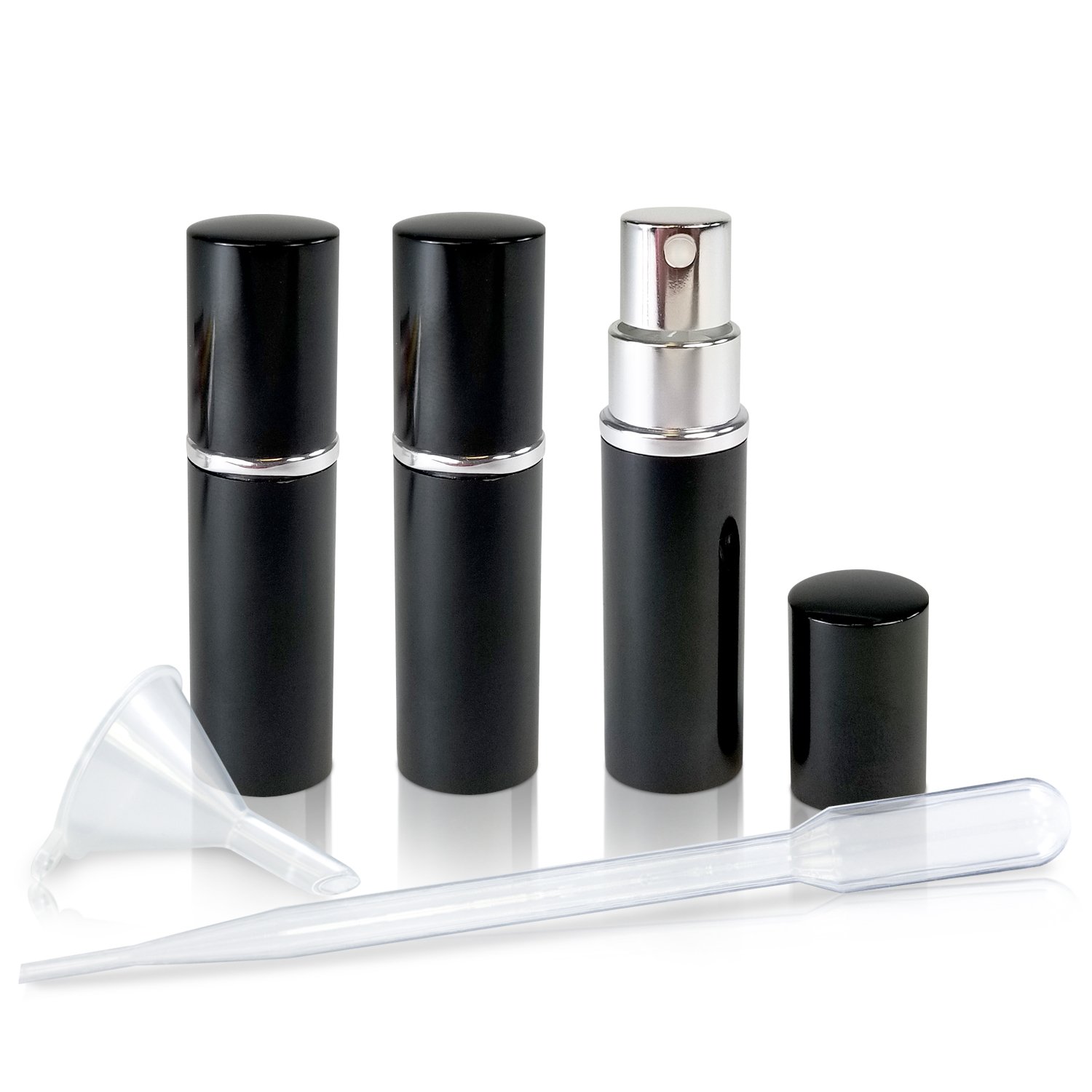 Refillable 5ml Perfume & Cologne Travel Atomizer Set - 3 Pack Black with Metallic Exterior, Glass Interior & 3ml Squeeze Pipette | Portable Fine Mist Spray Bottles for Purse, Gym Bag & Airplane Travel Essentials