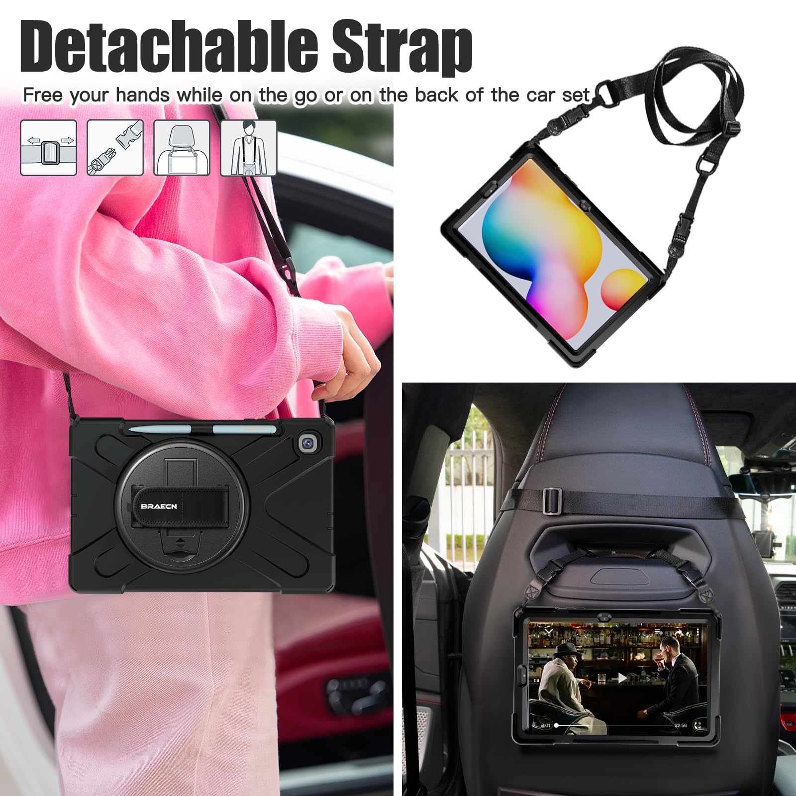 BRAECN Shockproof Rugged Case for Samsung Galaxy Tab S6 Lite 10.4 Inch (2024/2022/2020 Models SM-P620/P610/P619) - Protective Kids Tablet Cover with Pencil Holder, Rotating Stand & Hand Strap - Black | Perfect for School, Travel & Outdoor Use