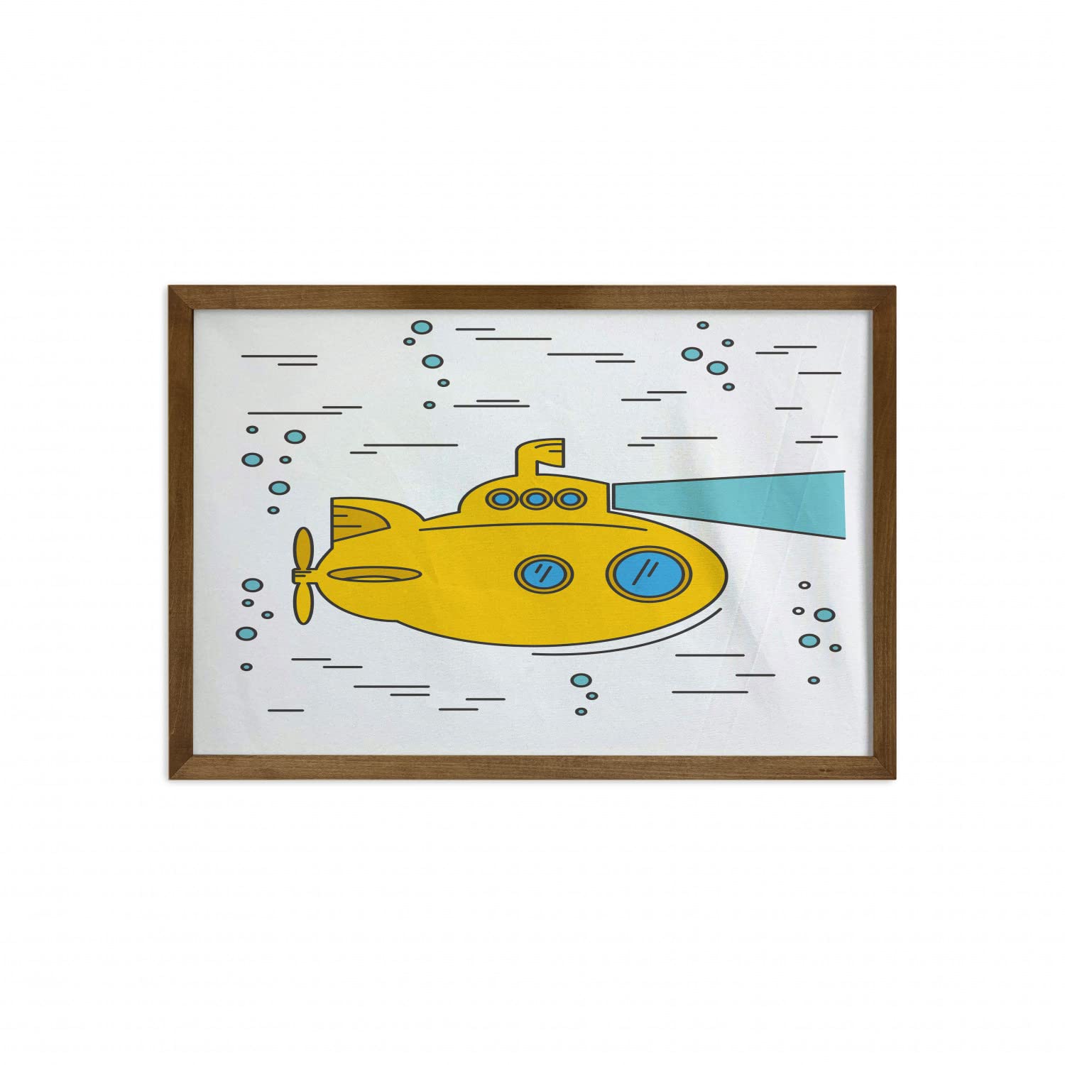 Ambesonne Yellow Submarine Framed Wall Art - Ocean Nautical Adventure Underwater Bubbles Porthole Cartoon Print - Teak Wood Frame Fabric Decor for Living Room, Bedroom & Dorm (35x23 Inches, White Yellow Blue)