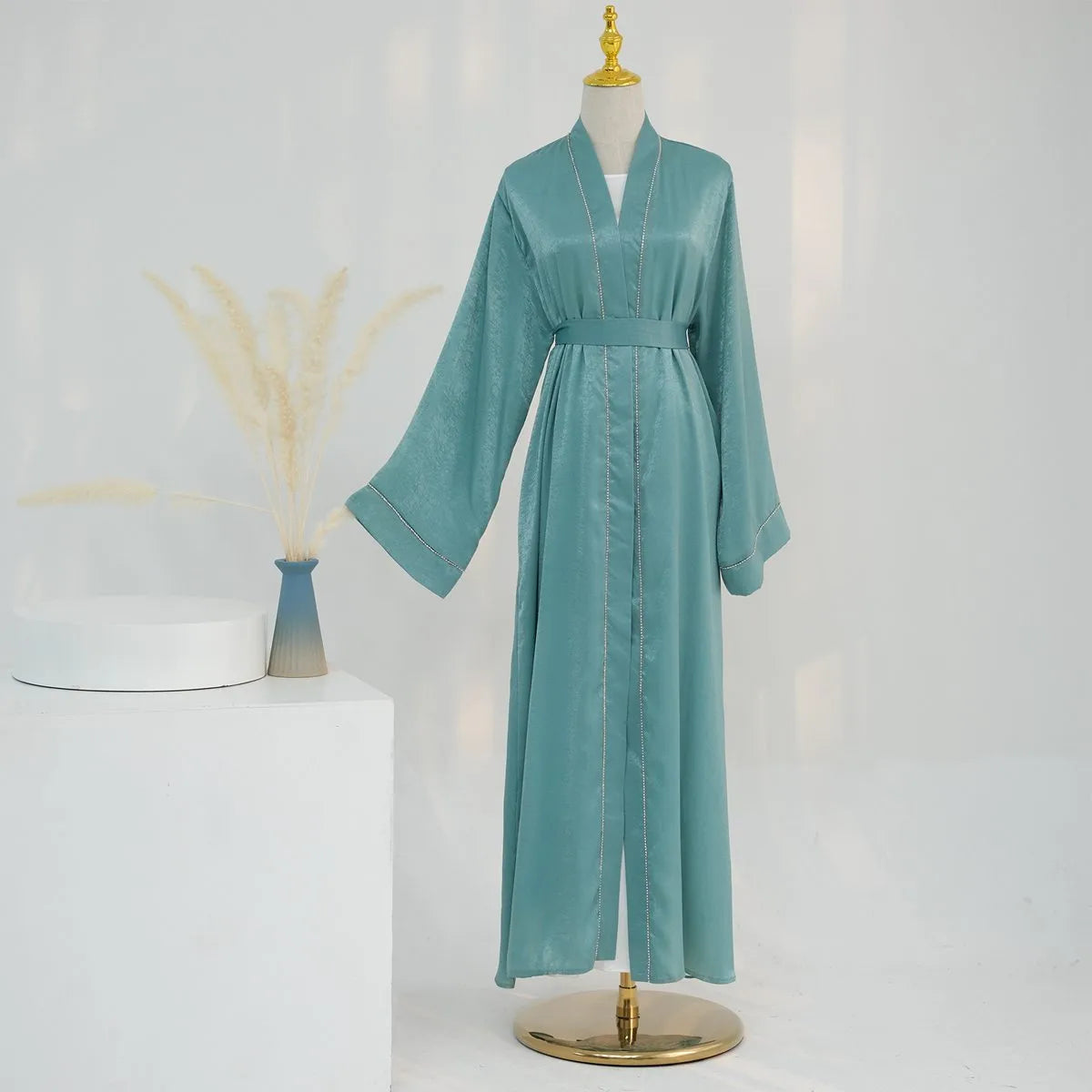 Elegant Muslim Women's Satin Cardigan Open Abaya Dress - Modest Islamic Prayer Dress for Home & Mosque