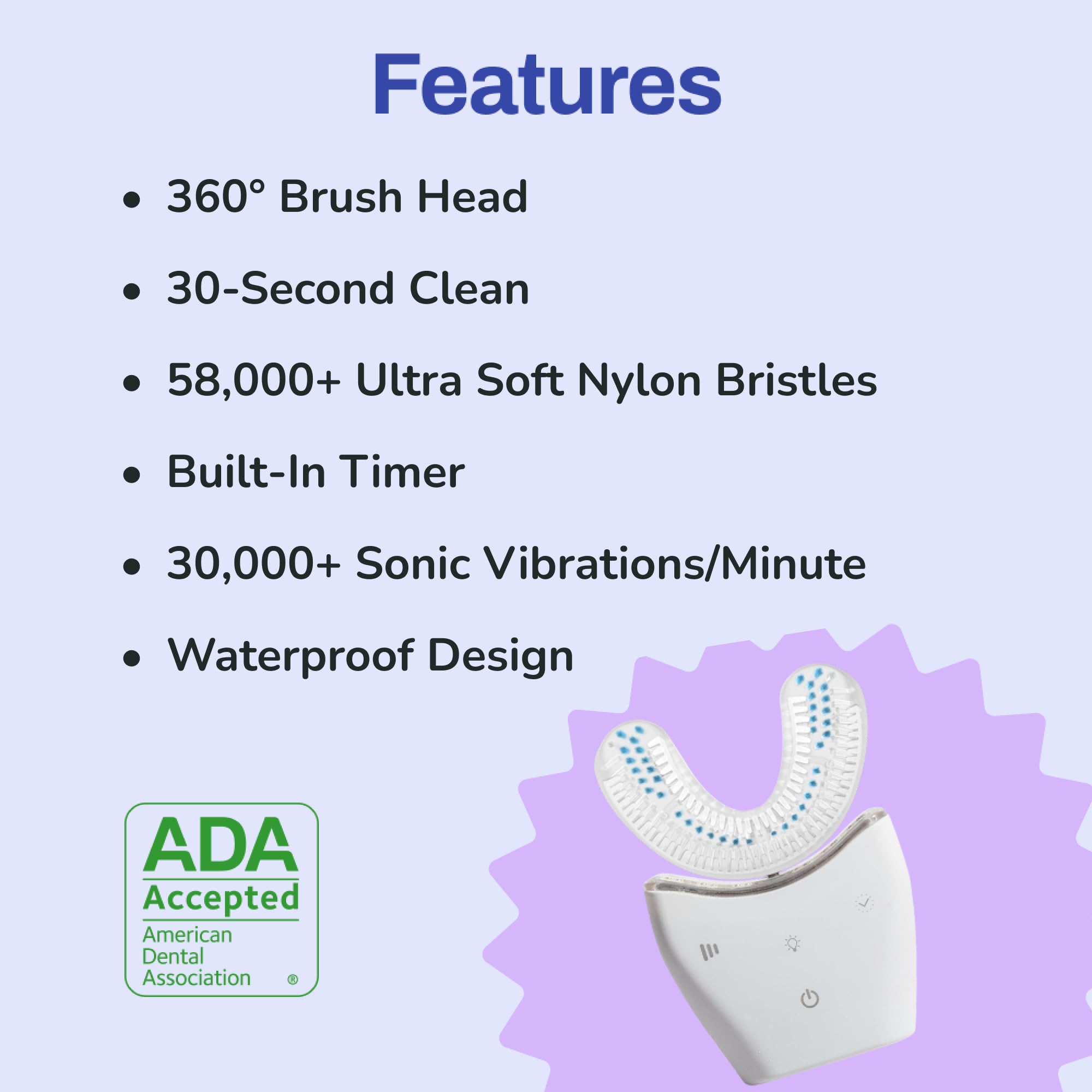 Autobrush U-Shaped Electric Toothbrush for Adults - ADA Accepted Sonic Pro with 360° Nylon Bristles, 3 Cleaning Modes, Ultrasonic Technology & LED Light - Rechargeable & Waterproof (Small, White) | Perfect for Travel, Home & Office Use