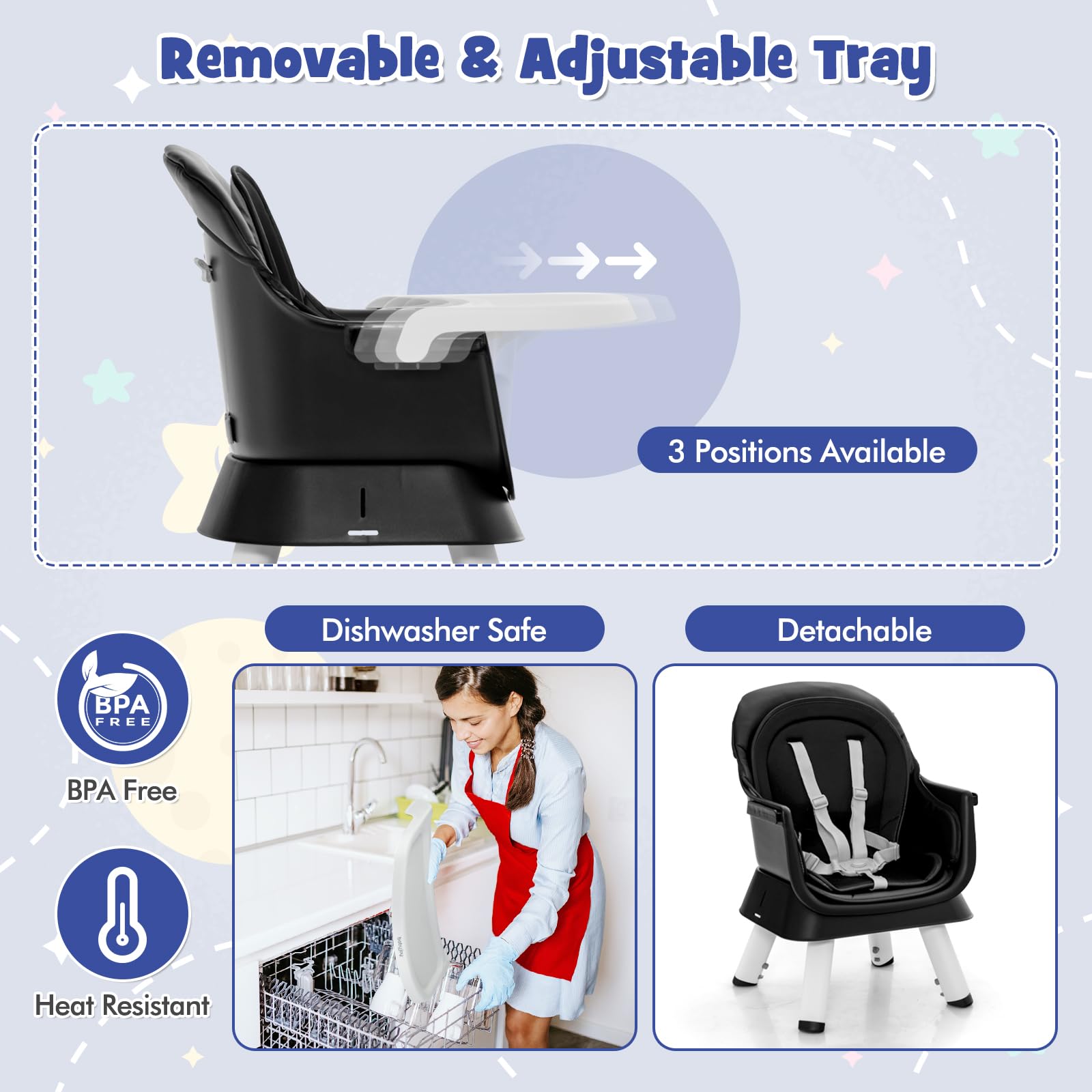 HONEY JOY 8-in-1 Convertible Baby High Chair for Toddlers - Multi-Functional Highchair, Booster Seat, Building Block Table & Stool with Safety Harness (Black) - Perfect for Dining, Playtime & Learning Activities