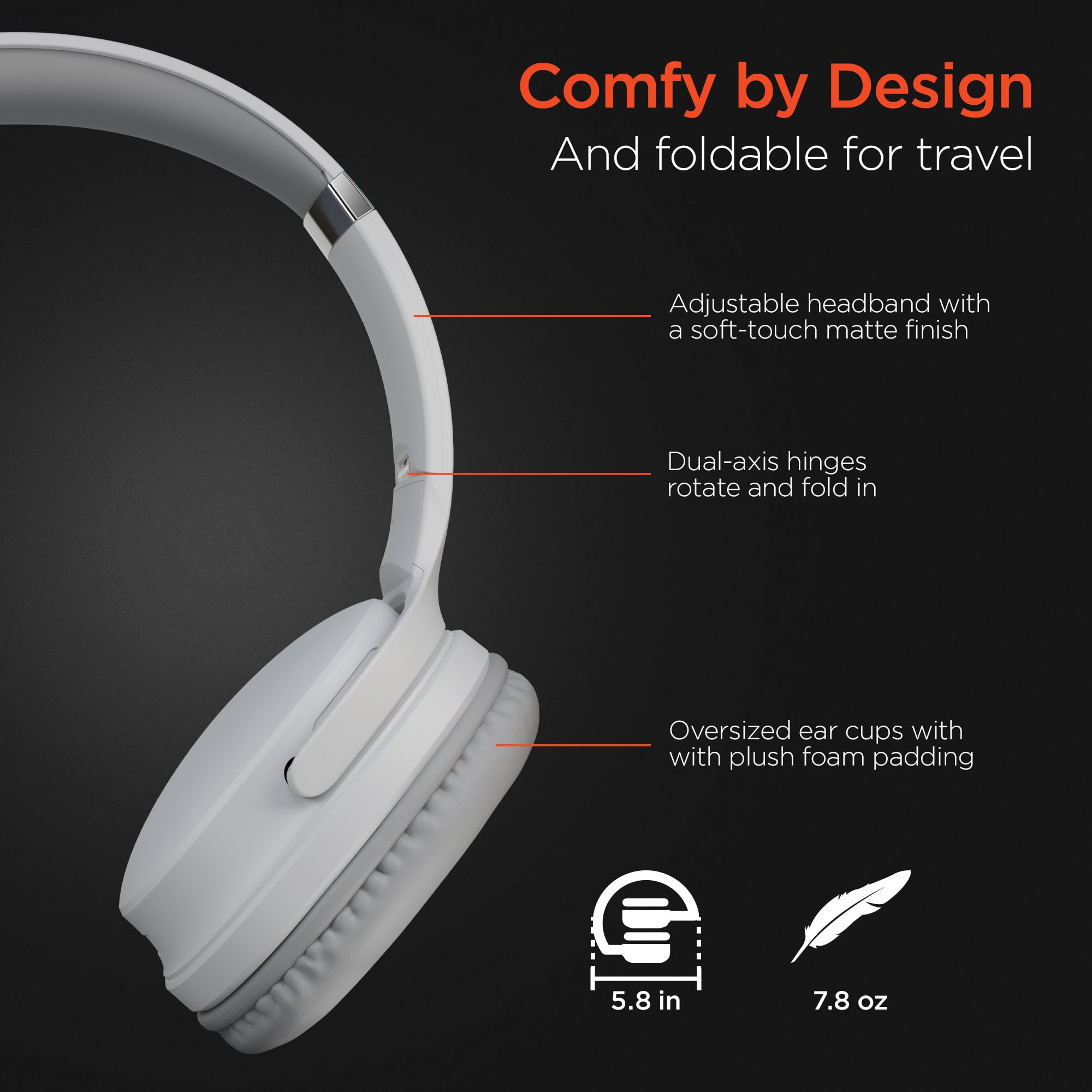 Foldable Wireless Headphones with HD Stereo Sound - Convert Between Personal Listening & Surround Sound Modes | White | Perfect for Travel, Workouts & Home Entertainment