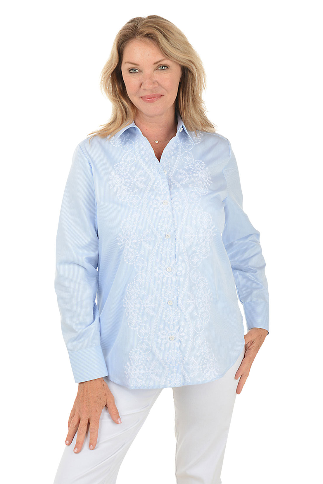 Embroidered Blue Striped Meghan Shirt - Women's Fashion Blouse for Casual & Office Wear | Perfect for Spring & Summer Outfits