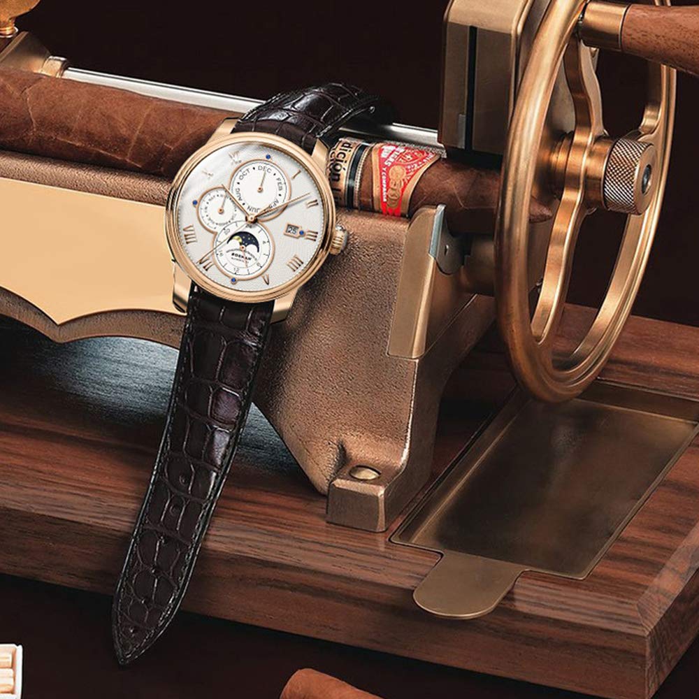 BORMAN Men's Automatic Luxury Dress Watch - Self-Winding Mechanical Movement, 50M Waterproof, Date/Month/Week/24H/Sun-Moon Display - Perfect for Business, Formal Occasions & Everyday Wear