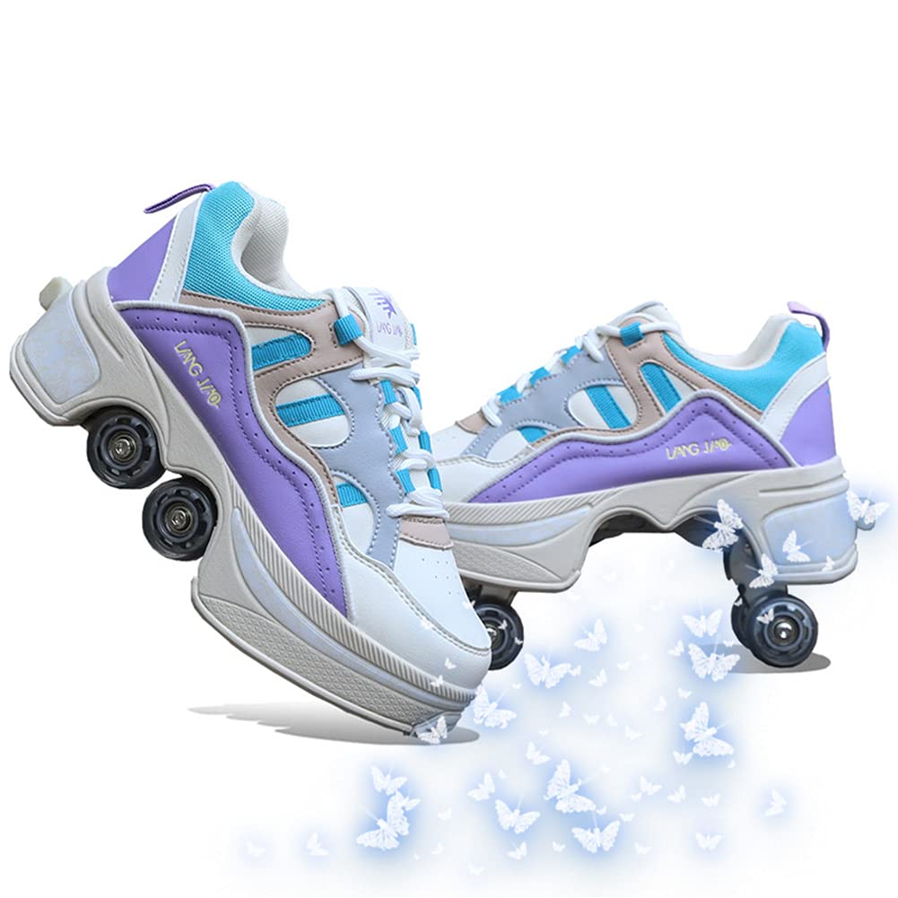 Double Row Deform Wheel Shoes - Retractable Roller Skates for Teens | Convertible Outdoor Parkour Shoes with Automatic Wheels for Boys & Girls | Perfect for Skate Parks, School Commutes & Urban Adventures