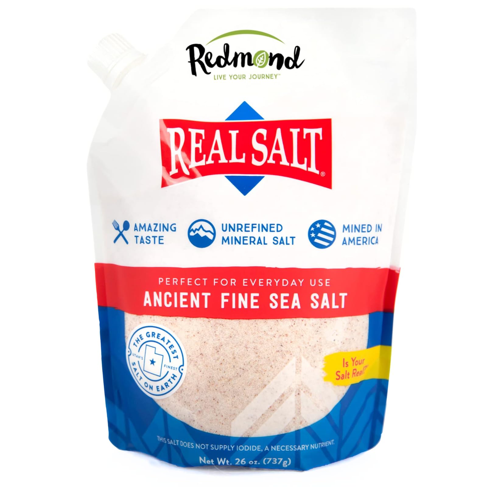 REDMOND Real Sea Salt - Natural Unrefined Gluten-Free Fine Grain Salt, 26 Ounce Resealable Pouch (1 Pack) | Perfect for Cooking, Baking & Seasoning | Healthy Alternative to Processed Salts