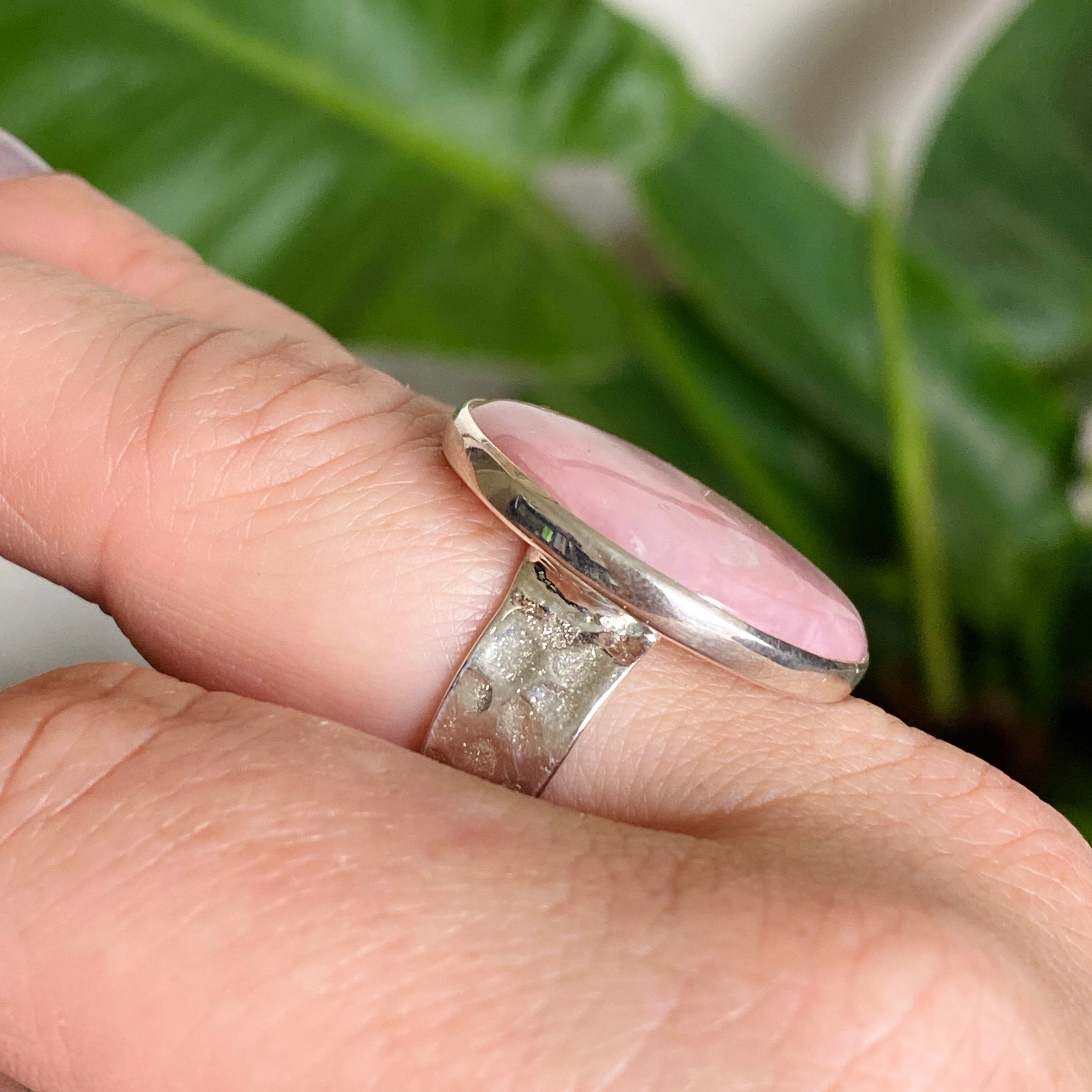 Pink Opal Round Cabochon Ring - Hammered Sterling Silver Size 9.5 (KRGJ3305) | Elegant Boho Jewelry for Women, Perfect for Everyday Wear & Special Occasions