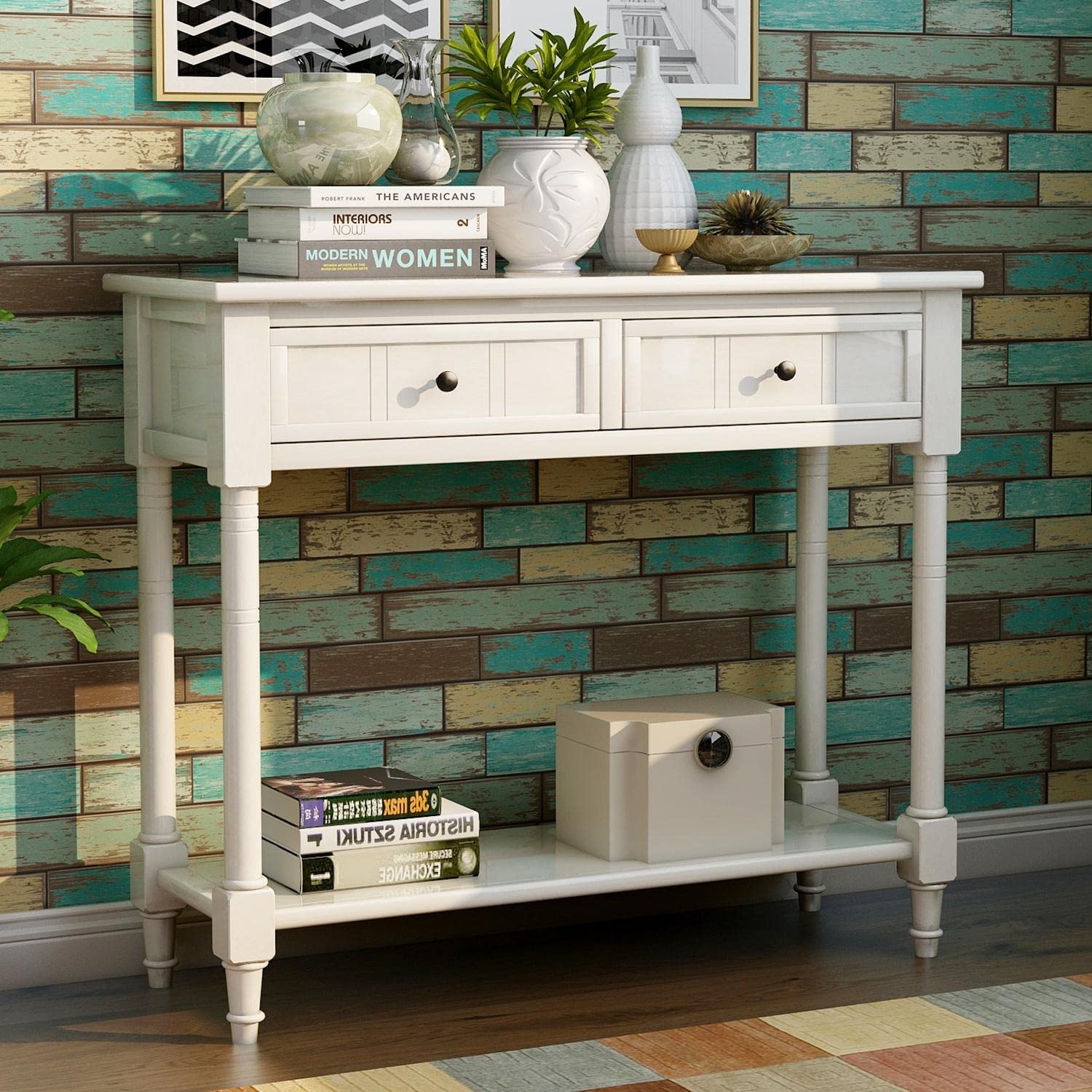 JINS&VICO Ivory White Console Table with Two Drawers and Bottom Shelf - Entryway Sofa Table, Sideboard for Living Room & Dining Room - Perfect for Hallway Decor, Small Space Storage & Home Organization