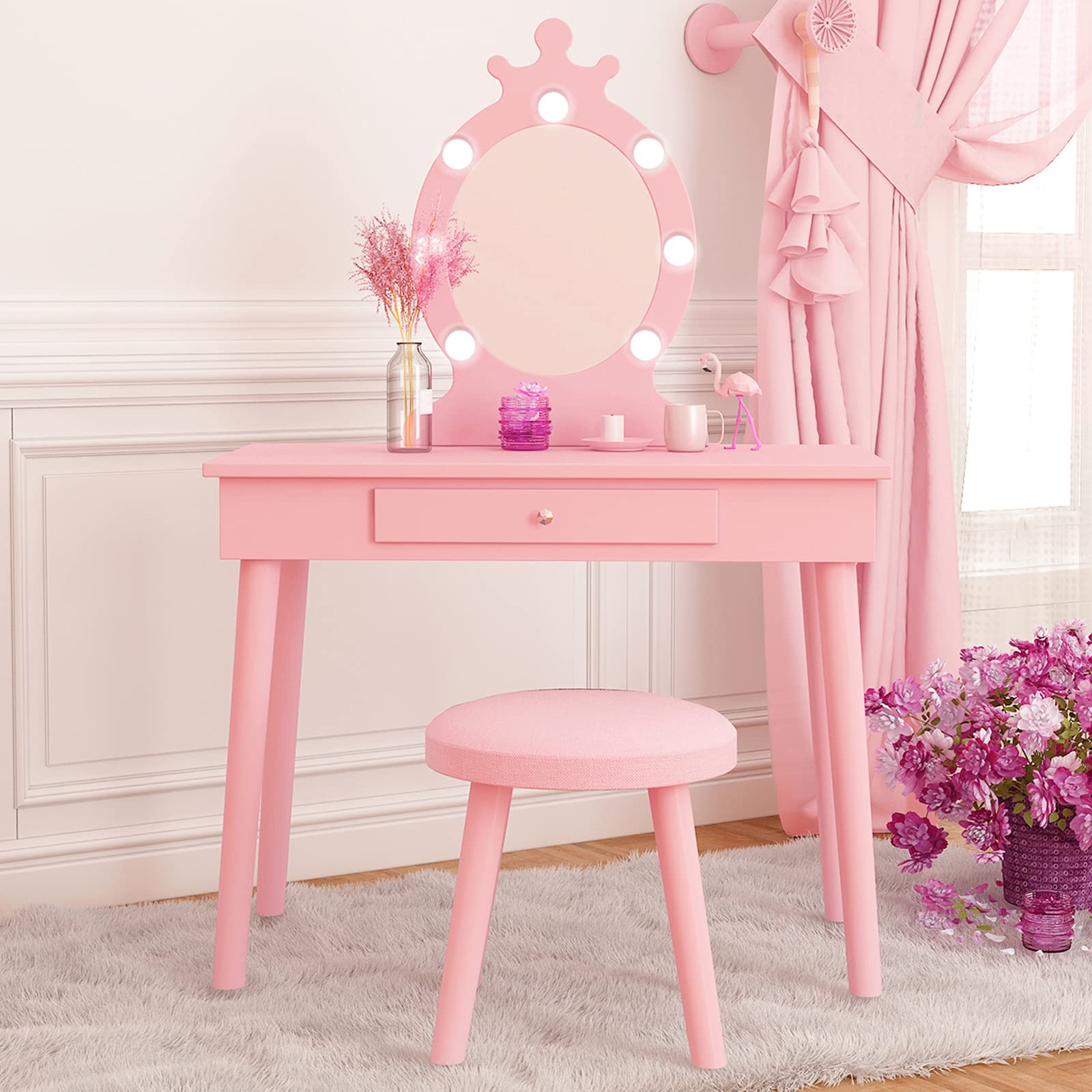 Vabches Pink Kids Vanity Table and Chair Set with Mirror, Lights & Storage Drawers - Princess Makeup Dressing Desk for Little Girls | Perfect for Bedroom Decor, Birthday Gifts & Pretend Play