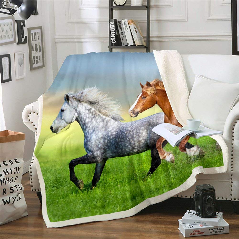 Erosebridal 3D Plush Fleece Blanket for Kids - Running Horse on Grassland Print, Twin Size 60