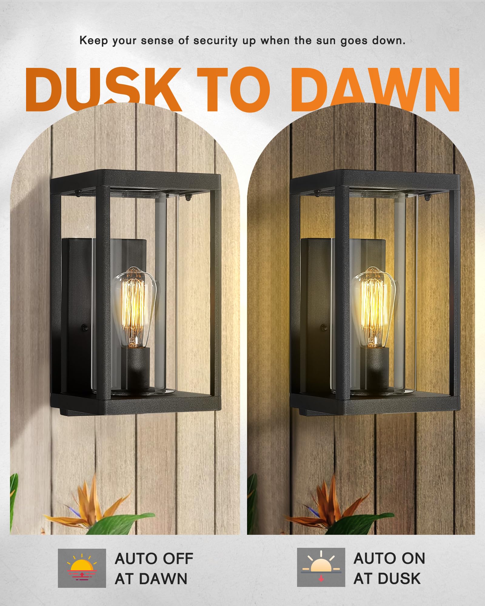 Beionxii Outdoor Wall Lights - Dusk to Dawn Sensor, Modern Exterior Wall Sconces for Porch & Patio, Black Cast Aluminum with Clear Cylinder Glass (2-Pack) - Perfect for Entryway, Garden & Backyard Lighting