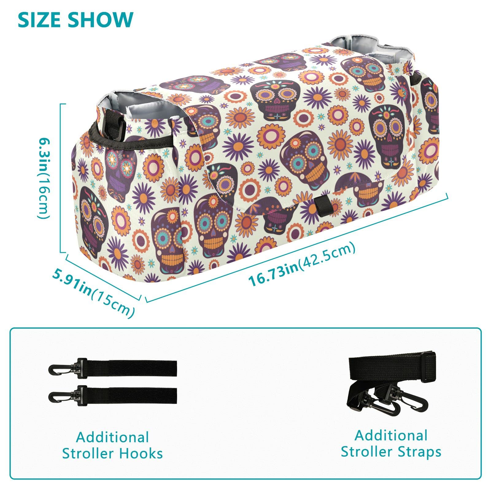Universal Baby Stroller Organizer Bag with 2 Cup Holders & Adjustable Strap - Large Diaper Tote for Essentials - Fits All Strollers for Boys & Girls - Perfect for Travel, Shopping & Halloween Skull Theme