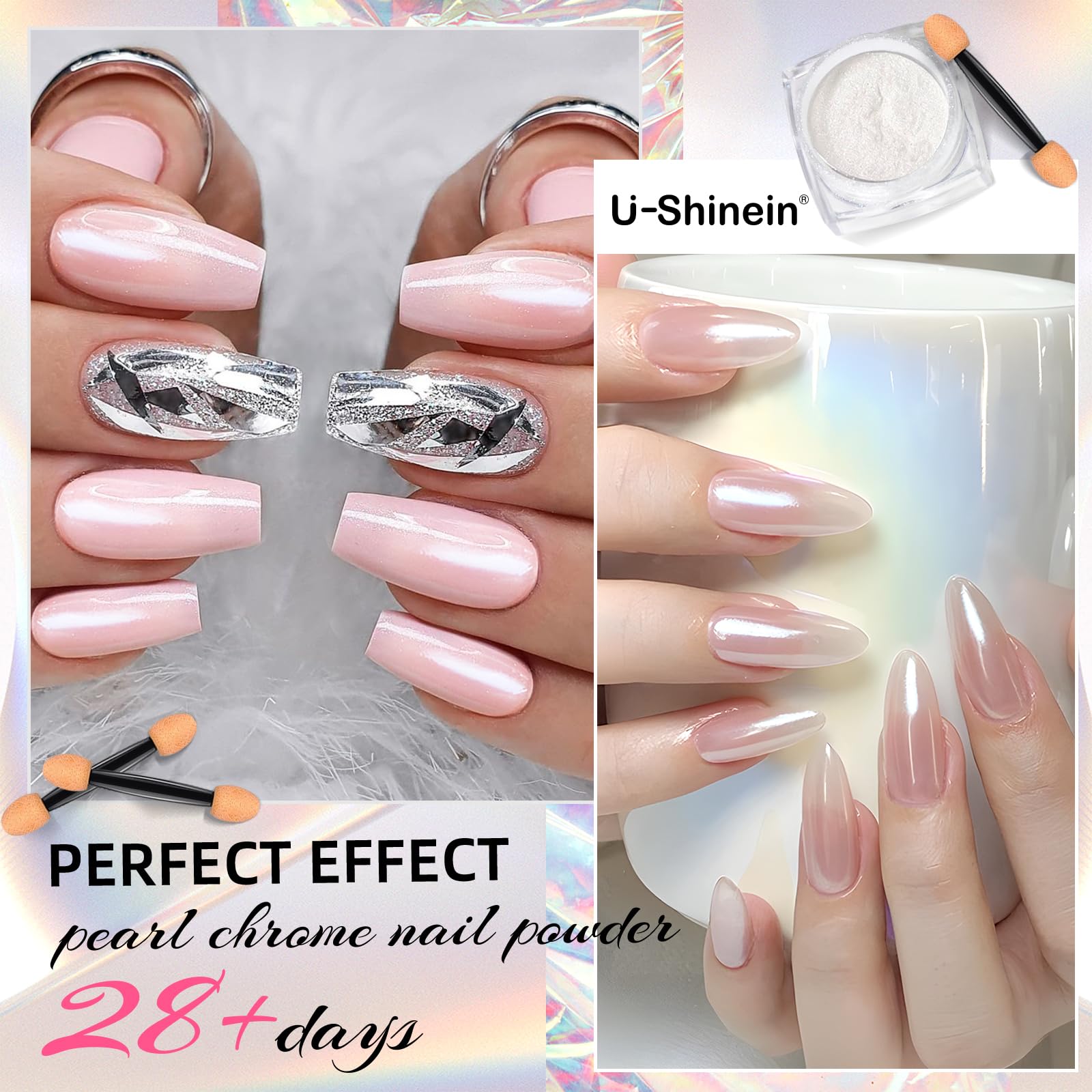 2 Pcs White Pearl Chrome Nail Powder - Iridescent Mirror Effect Aurora Magic Pearlescent Glitter Powder for Holographic Pigment Nail Art, Glazed Donut Nails Chrome Powder (Gold & Aurora White) - Perfect for Salon, DIY Manicure & Nail Art Designs