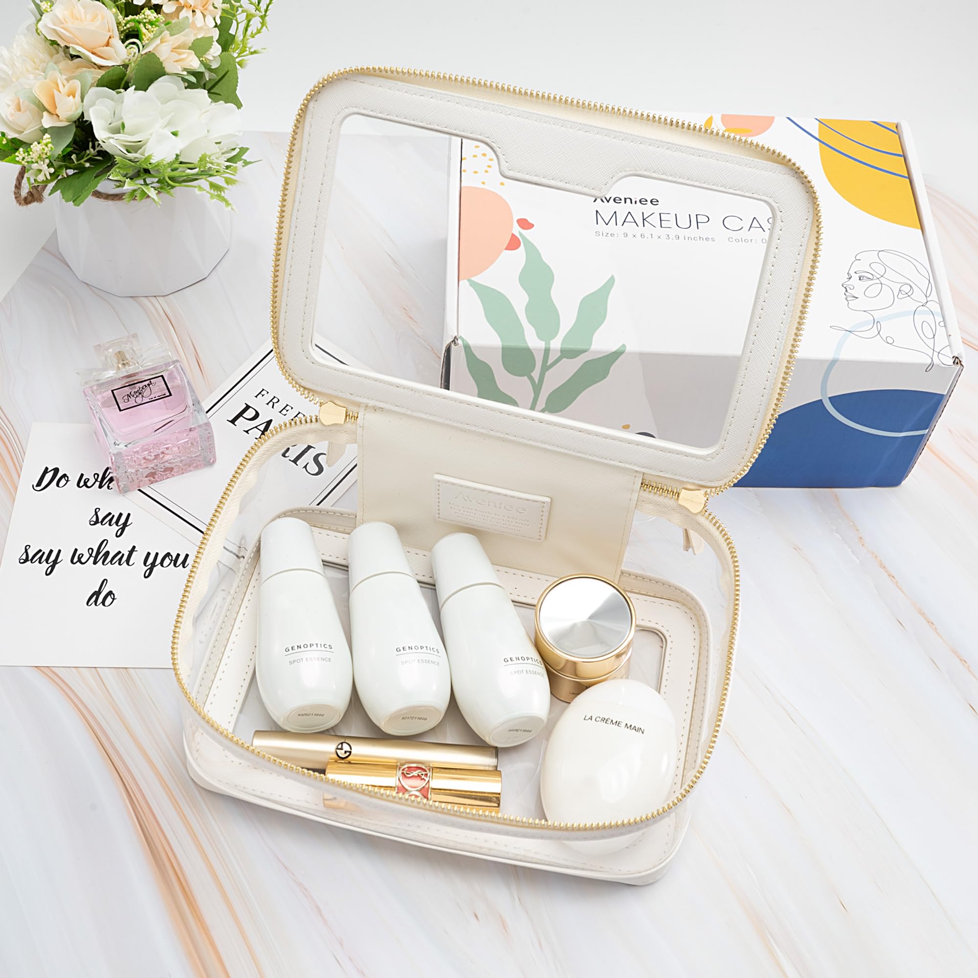Aveniee Clear Makeup Bag for Women - Large Travel Toiletry Organizer with Dual Zipper - Transparent Cosmetic Case for Makeup & Toiletries (Off-White) - Perfect for Travel, Gym, and Daily Organization