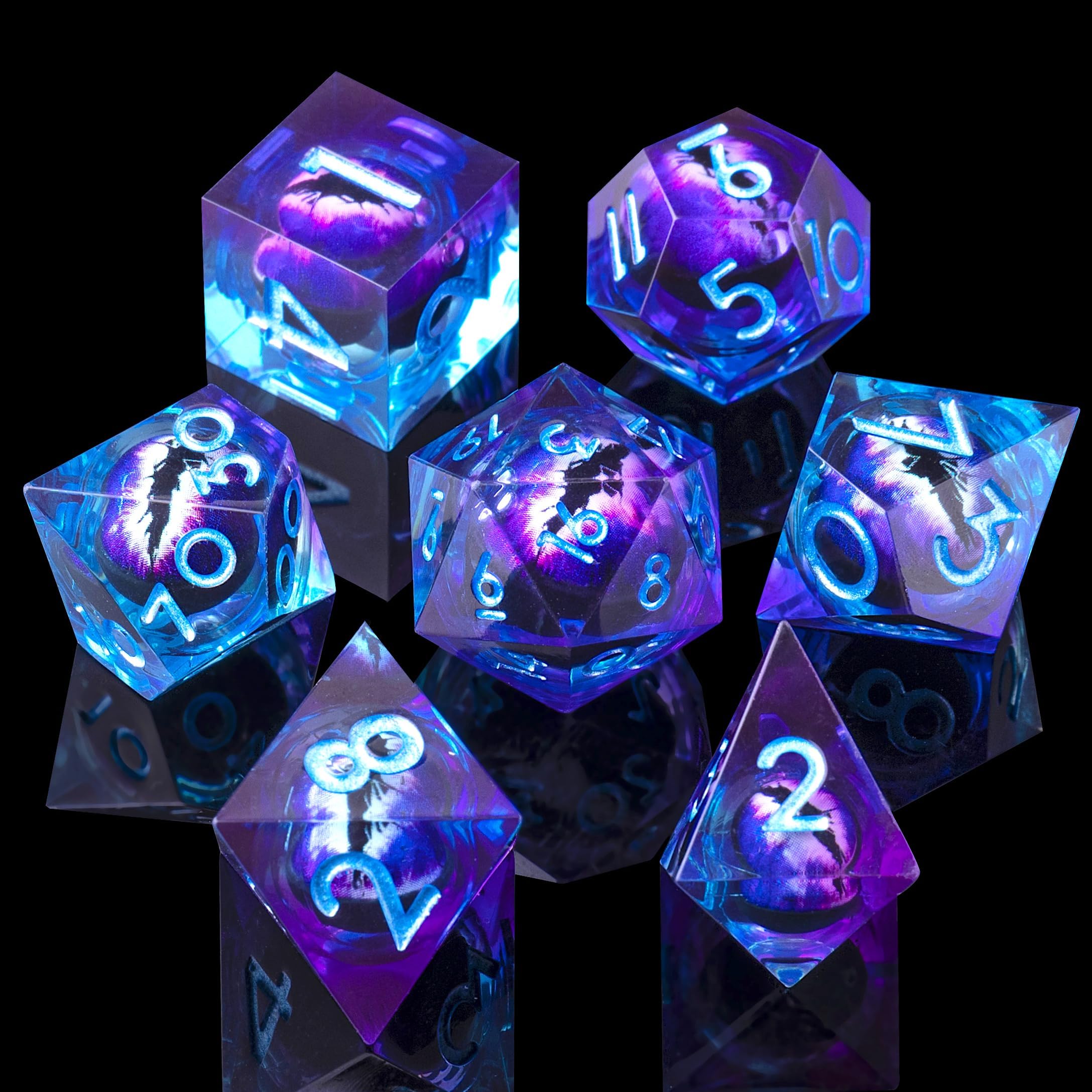 YEMEKO Beholder's Eye DND Dice Set - Handmade Dragon Eye Liquid Core Polyhedral Dice with Sharp Edges for Dungeons & Dragons, TTRPG, RPG Roleplaying Games (Blue Purple) - Perfect for Tabletop Gaming, D&D Campaigns & Collectors