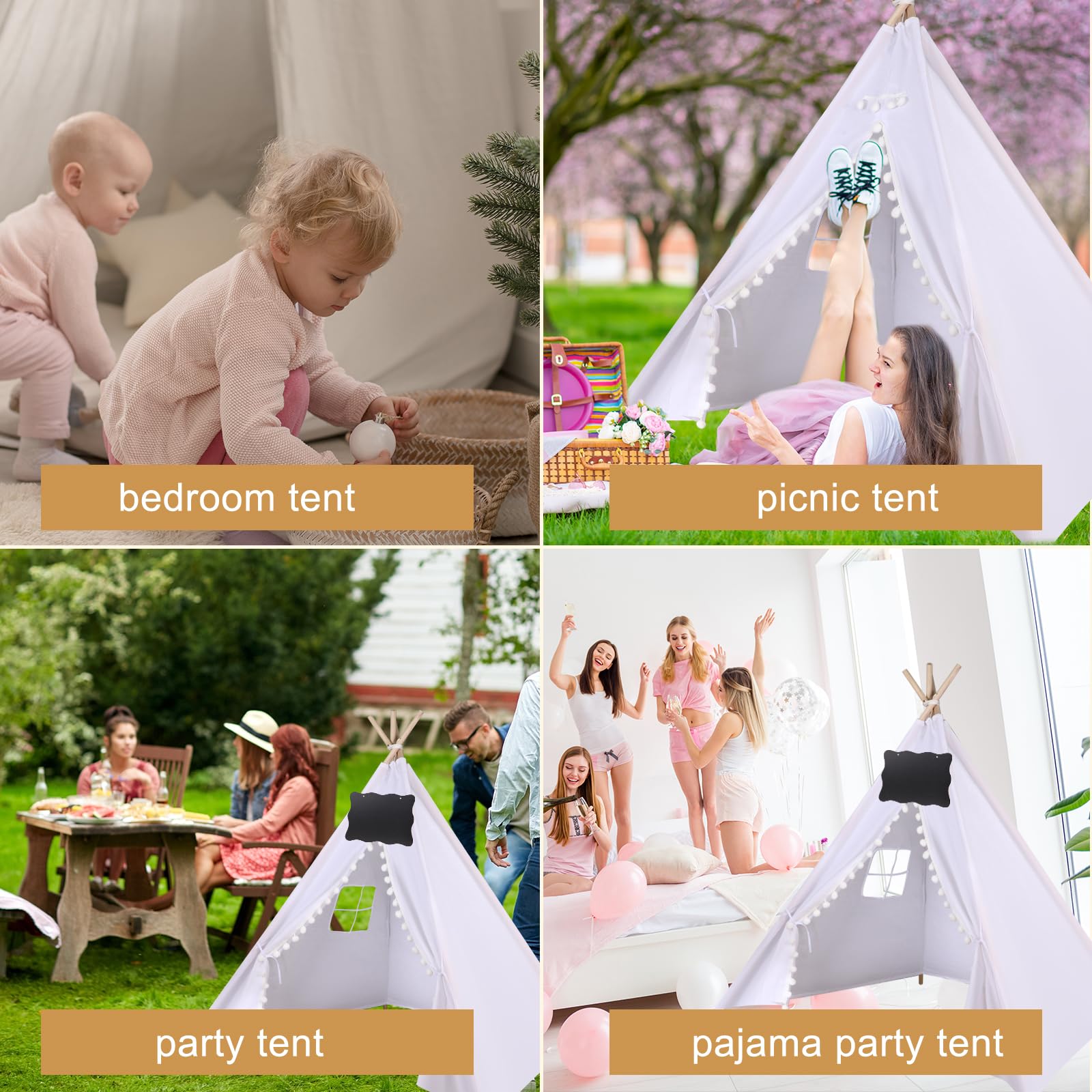 6 Pack Kids Teepee Tent with 10FT String Lights - Indoor/Outdoor Play Tent for Girls & Boys, Foldable Boho Tent for Birthday Parties, Sleepovers & Backyard Camping (White) - Perfect for Playrooms, Bedrooms & Outdoor Adventures