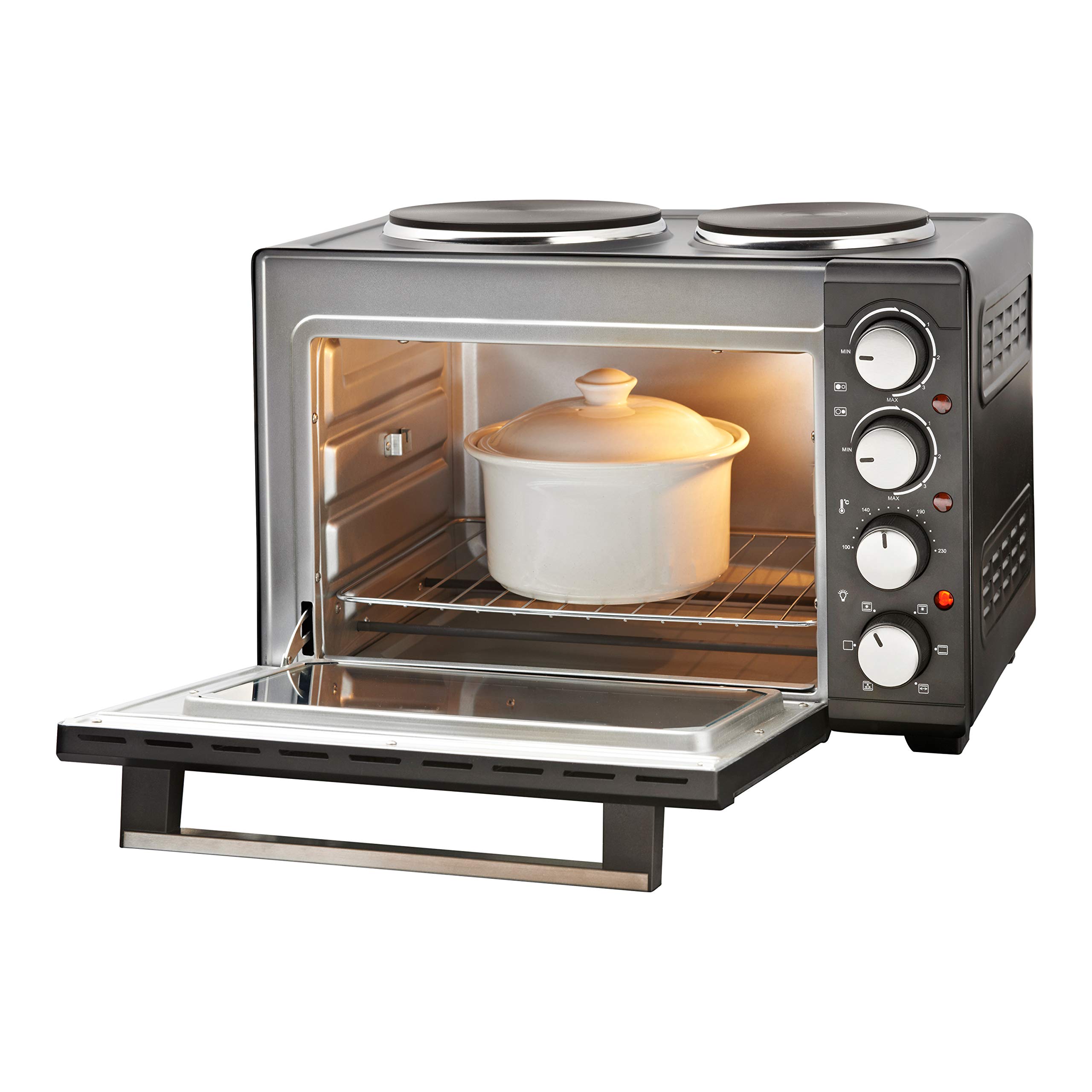 Quest 35379 26L Twin Hob Countertop Rotisserie and Convection Mini Oven - Adjustable Temperature, 60-Min Timer, Auto Shut-Off with Bell - Includes Accessories - Perfect for Small Kitchens, Dorms, and RV Cooking