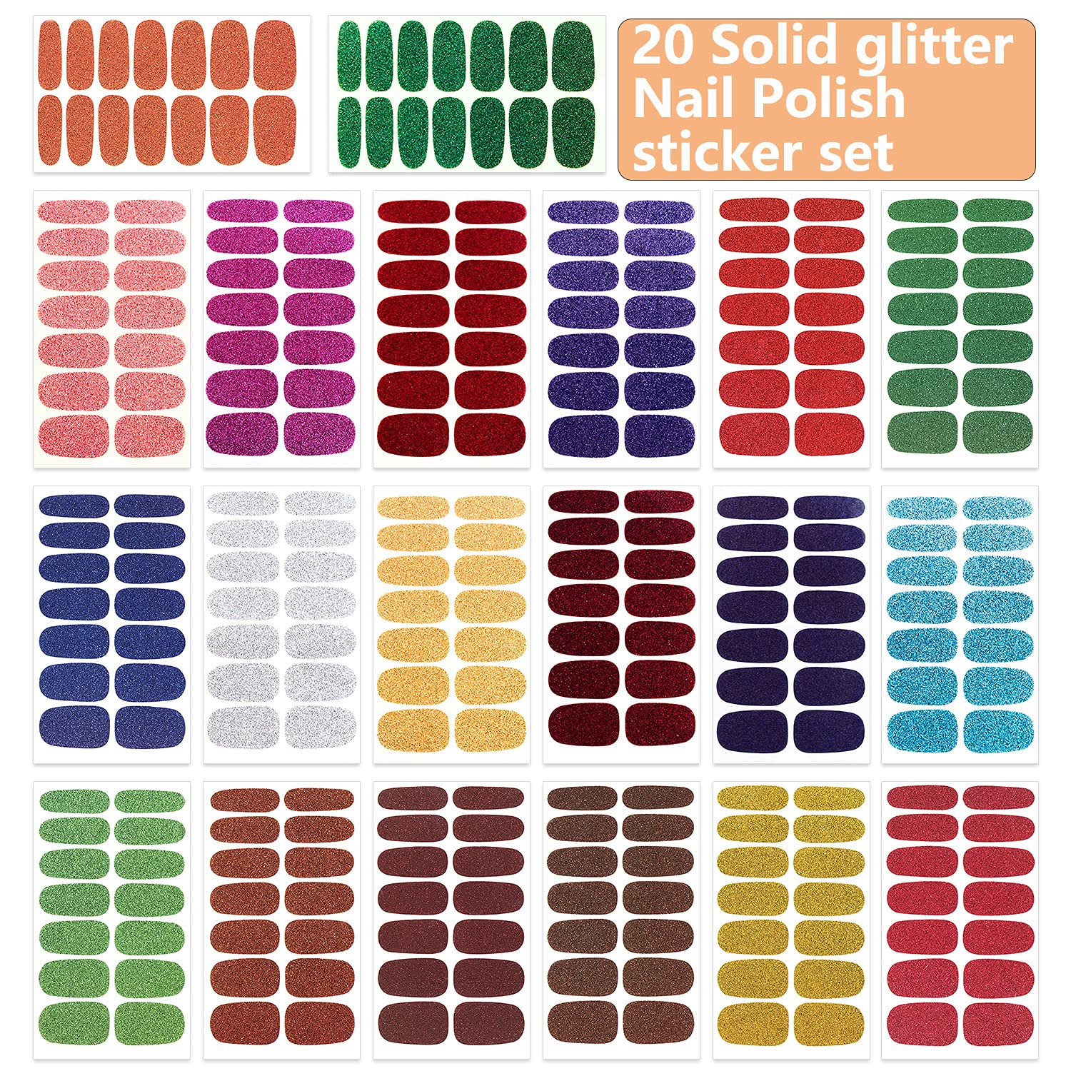 WOKOTO 20 Sheets Solid Glitter Color Nail Polish Strips with Nail File - DIY Gel Nail Strips, Stick On Nail Stickers & Full Nail Wraps for Women - Perfect for Home Manicures, Parties & Nail Art Designs