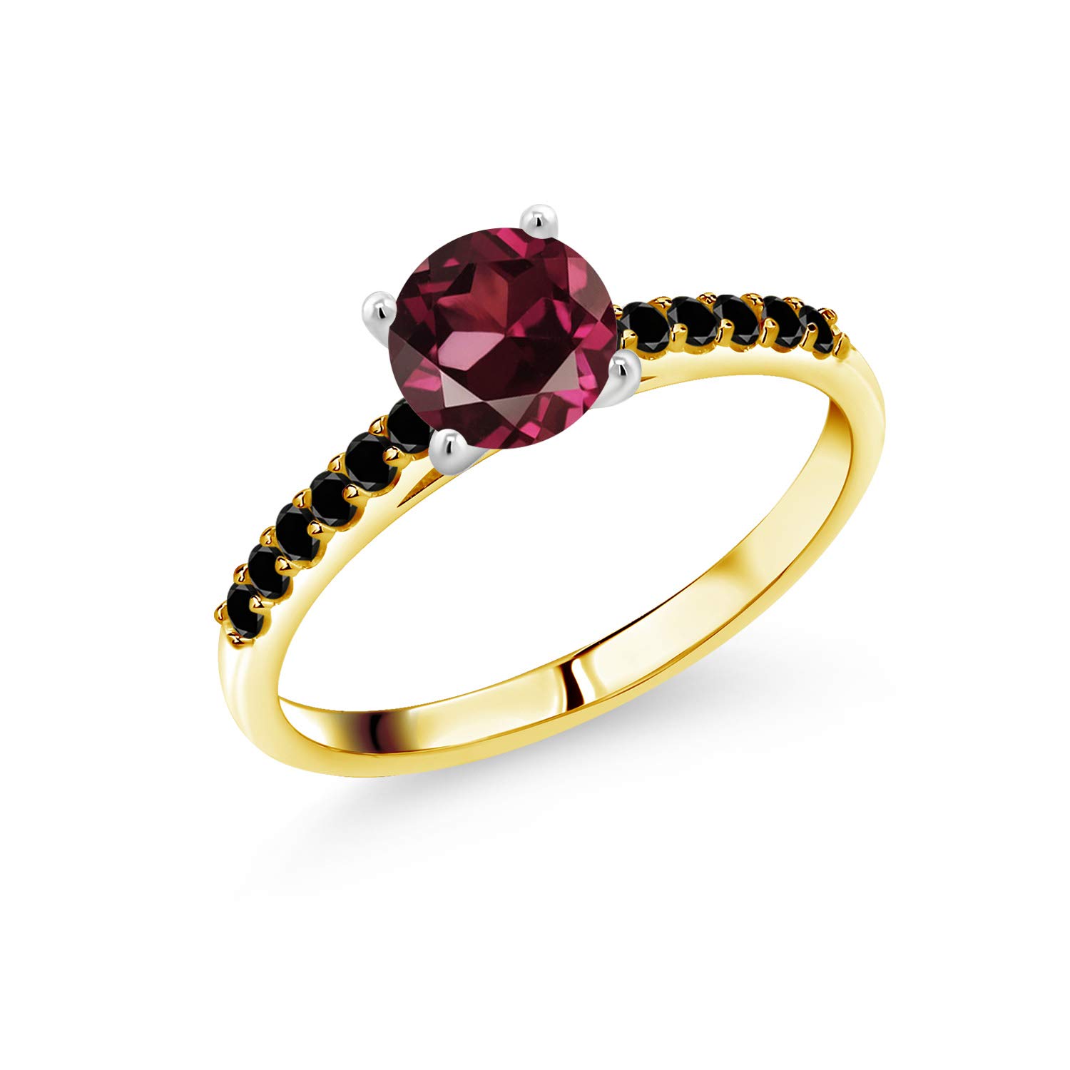 1.20 Ct Round Red Rhodolite Garnet & Black Diamond 10K Yellow Gold Ring with White Gold Prongs - Elegant Wedding, Engagement & Anniversary Jewelry Gift for Women