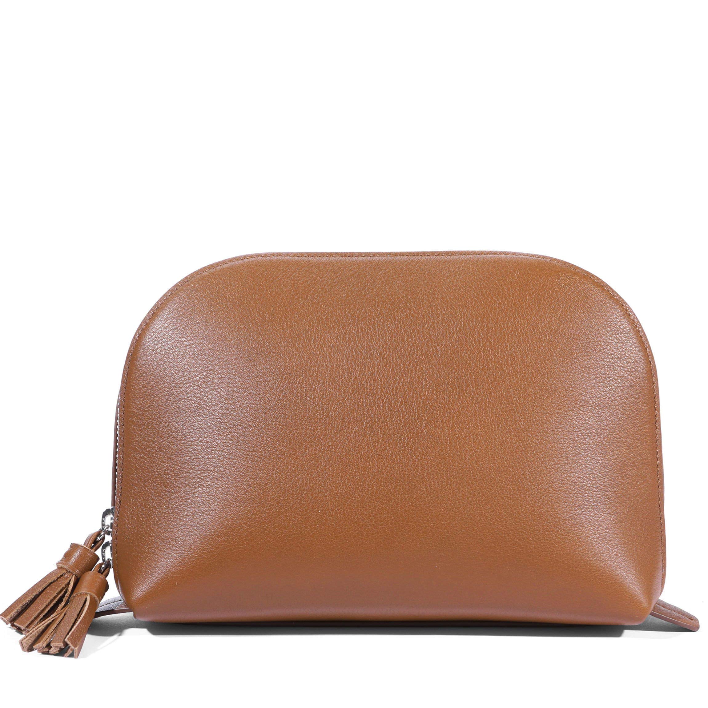 Leatherology Cognac Large Clamshell Makeup Bag - Genuine Leather Cosmetic Case for Travel & Daily Use | Perfect Organizer for Makeup Brushes, Lipsticks & Beauty Essentials