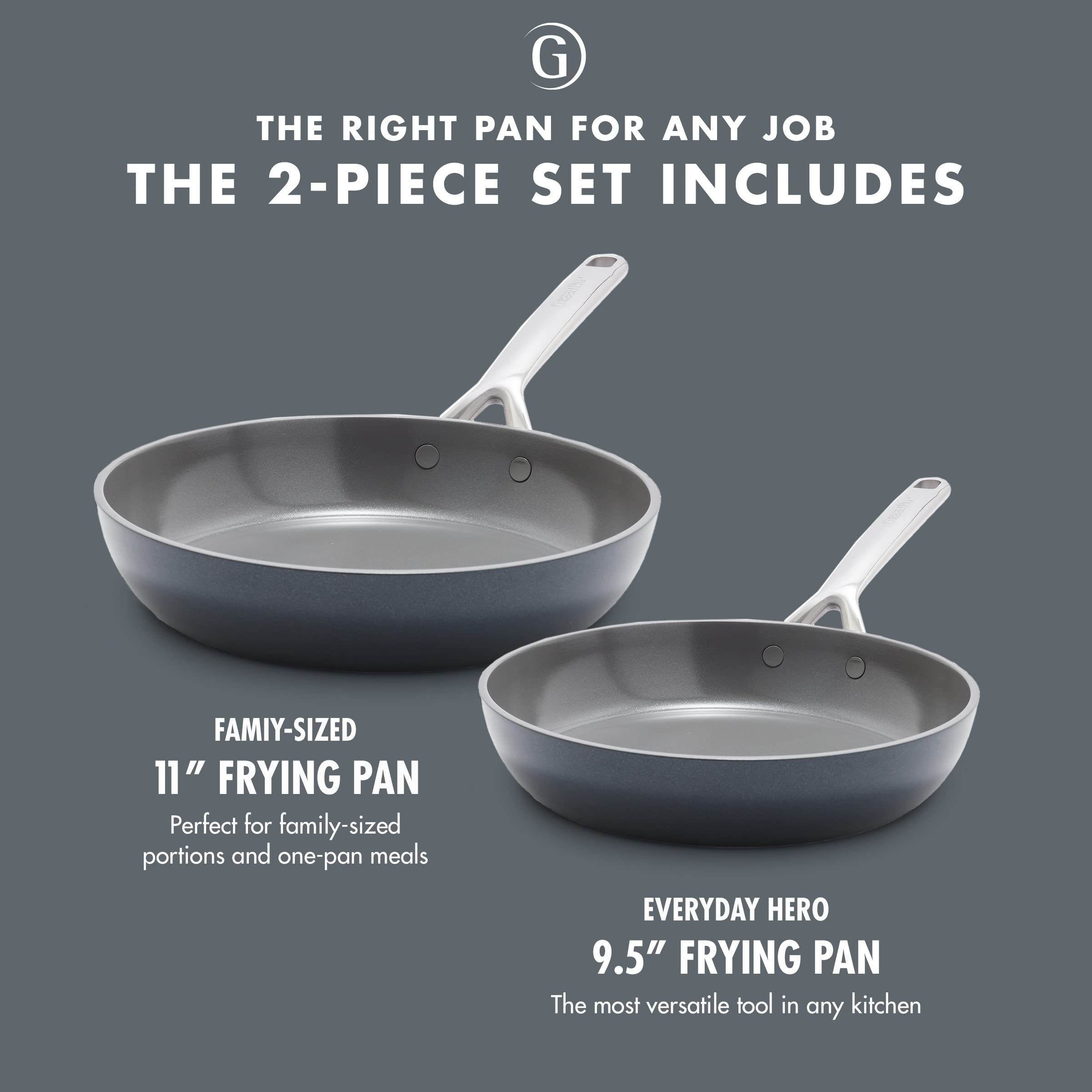GreenPan GP5 Hard Anodized Healthy Ceramic Nonstick 9.5” & 11” Frying Pan Set - PFAS-Free, Induction Compatible, Oven Safe to 600°F - Scratch Resistant, Stay-Flat Surface for Even Cooking - Perfect for Sautéing, Frying & Baking in Modern Kitchens