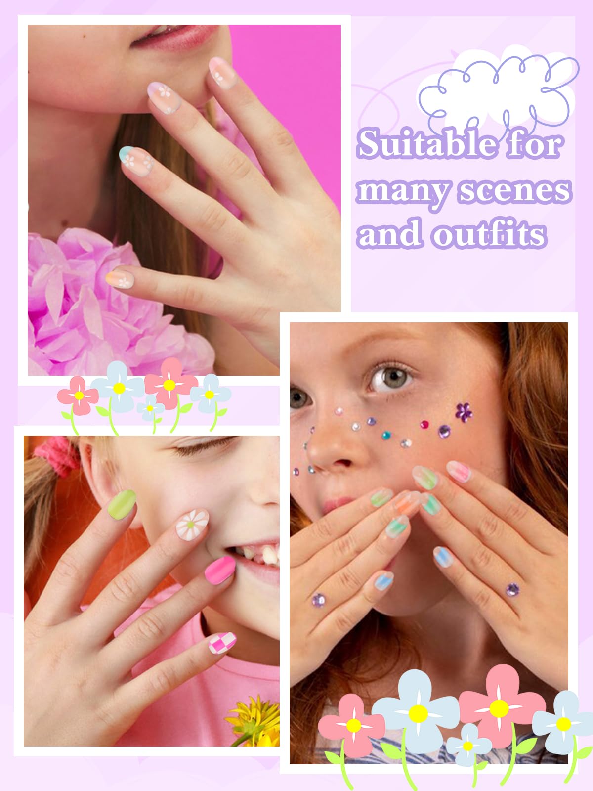 EBANKU 78 Pieces Press on Nails for Kids - 3 Pack Colorful Flower Fake Nail Kit with Jelly Adhesives & Nail Glue for Girls 8-12 Years | Perfect for Birthday Parties, Playdates & DIY Nail Art Fun