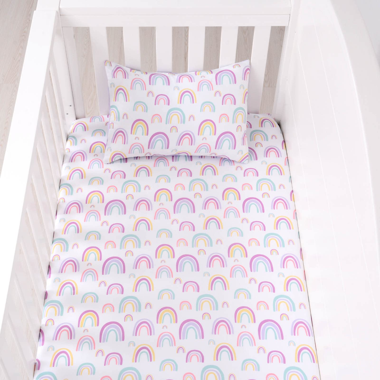 JISEN 4-Piece Baby Crib Bedding Set for Girls & Boys - Soft Nursery Bedding with Quilt, Fitted Sheet, Pillowcase & Crib Skirt - Rainbow Design for Safe & Comfortable Sleep