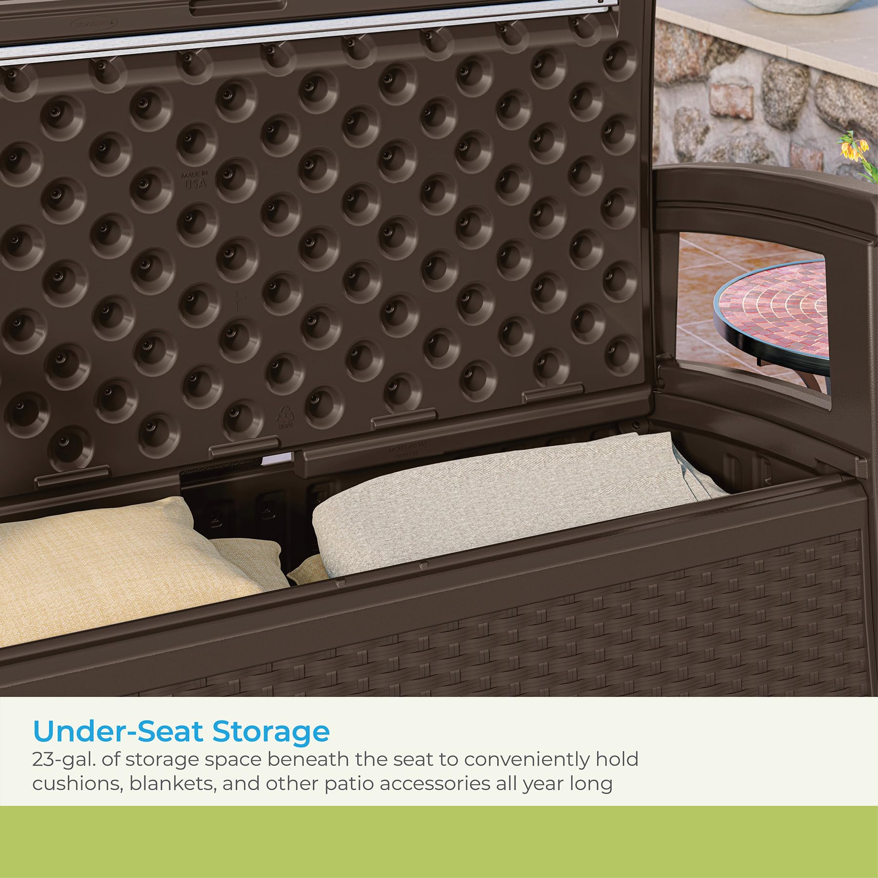 Suncast 23-Gallon Storage Wicker Love Seat - All-Weather Outdoor Furniture with Ergonomic Back Support for Patio, Deck & Garden - Perfect for Couples Relaxing in Backyard or Poolside