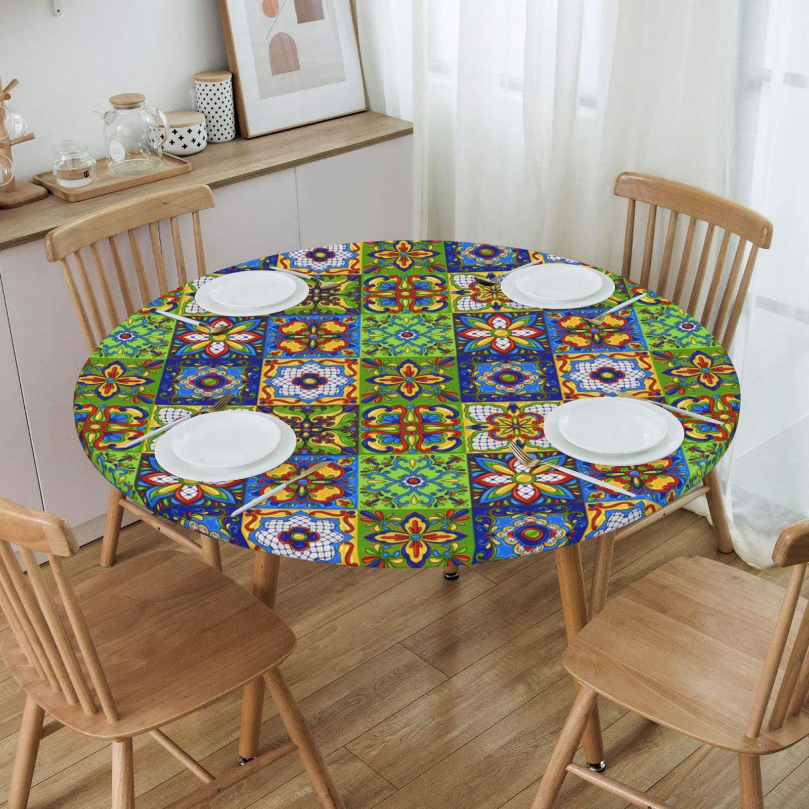 WOAIDY Mexican Talavera Elastic Edged Fitted Round Tablecloth - Decorative Stretch Table Cover for 40