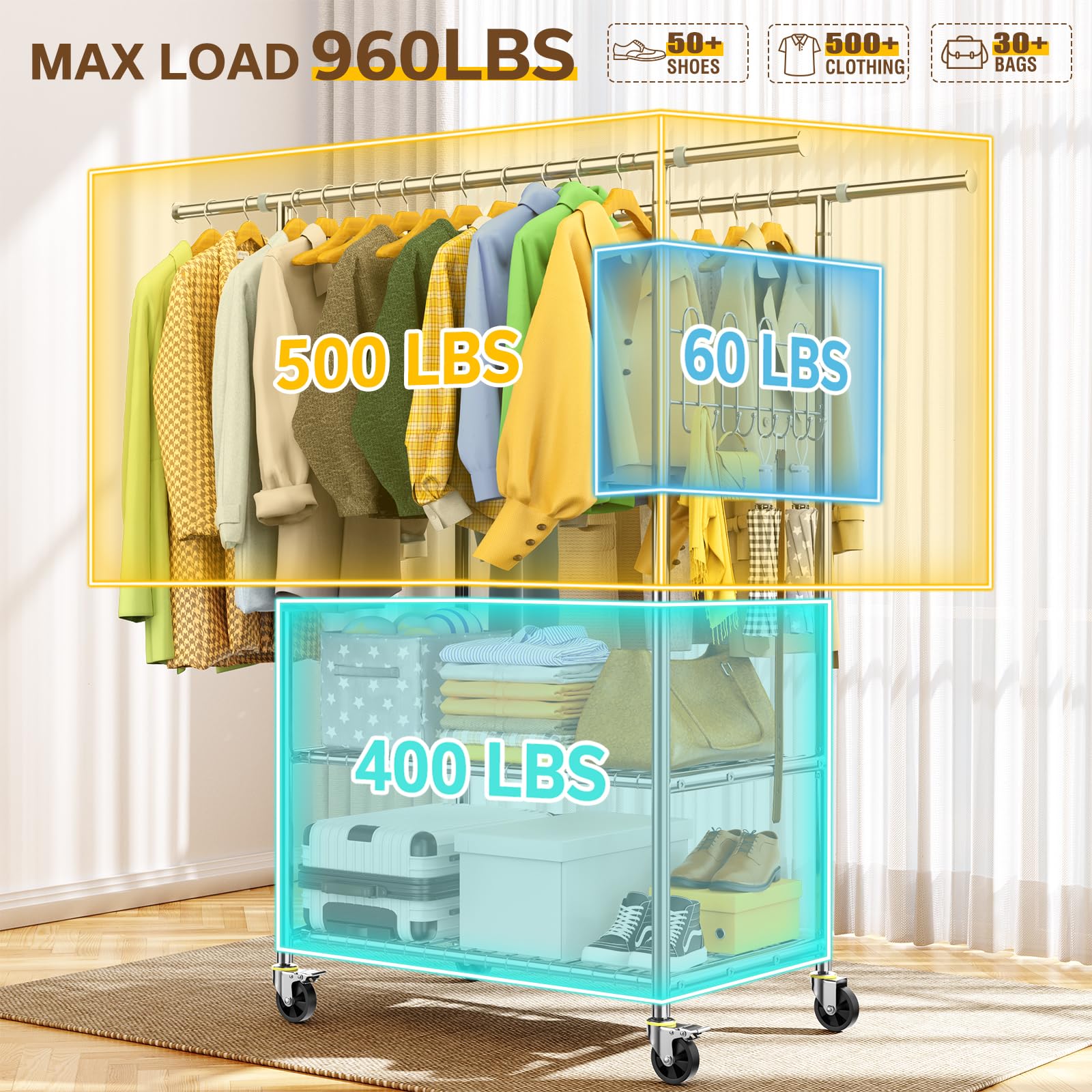 Heavy Duty Stainless Steel Garment Rack - 960LBS Capacity, Extendable Double Rod Rolling Clothes Rack with Shelves | Modern Style Wardrobe Organizer for Clothes, Shoes & Accessories | Perfect for Home, Retail Stores & Boutique Display