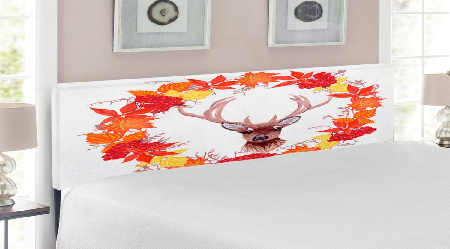 Ambesonne King Size Upholstered Metal Bed Headboard with Memory Foam - Reindeer Floral Wreath Design with Fall Leaves Print in Brown & Orange | Perfect for Autumn Bedroom Decor, Cozy Seasonal Home Styling