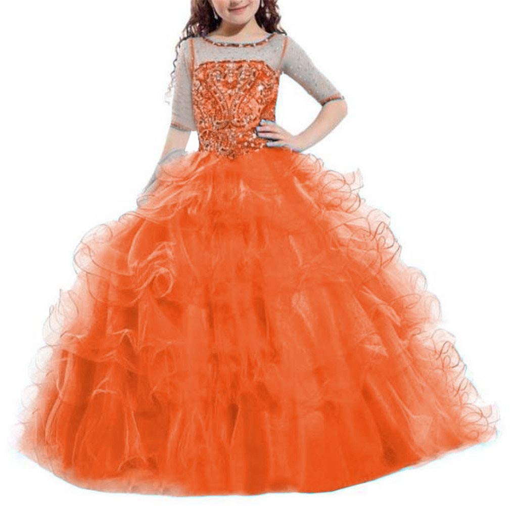 Girl's Beaded Jewel Neck Pageant Dress - Organza 3/4 Sleeve Formal Gown for Birthday Parties, Pageants, and Special Occasions