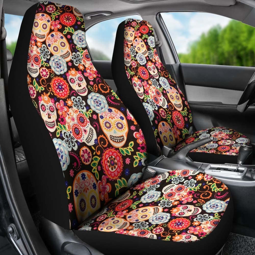2 Pcs Sugar Skull Car Seat Covers - Durable & Stylish Mexican Sugar Skull Design for Cars, Trucks & SUVs - Perfect for Day of the Dead Decor, Halloween & Gothic Car Accessories
