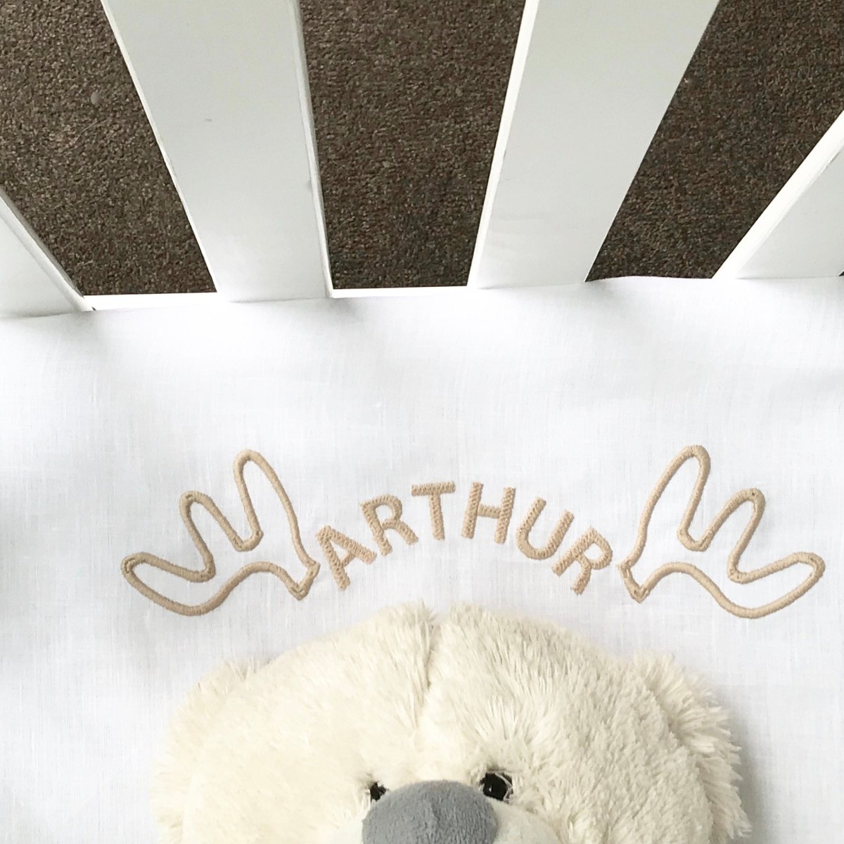 Premium Linen Cot Sheet with Embroidered Moose Monogram - Soft, Breathable Nursery Bedding for Baby Cribs - Perfect for Nurseries, Daycares & Gift Registries