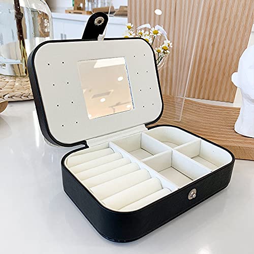 Elegant Leather Jewelry Box with Mirror - Portable Double Layer Organizer for Earrings, Rings & Accessories - Holds 68 Earrings (Black, Small) - Perfect for Travel, Gift Giving & Home Storage