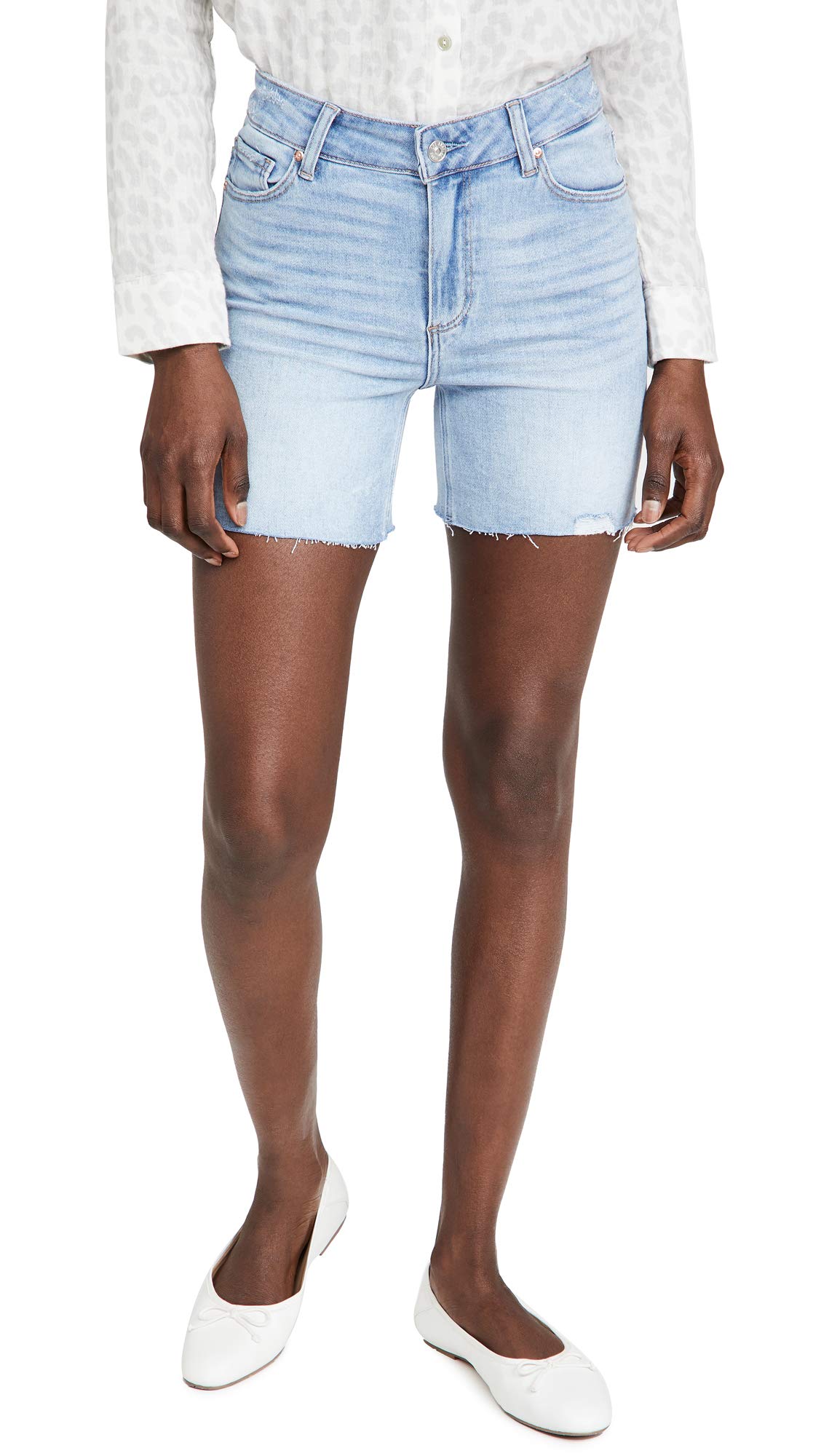 PAIGE Women's Sarah High Waisted Longline Denim Shorts with Raw Hem - Perfect for Summer Outfits, Beach Vacations & Casual Wear