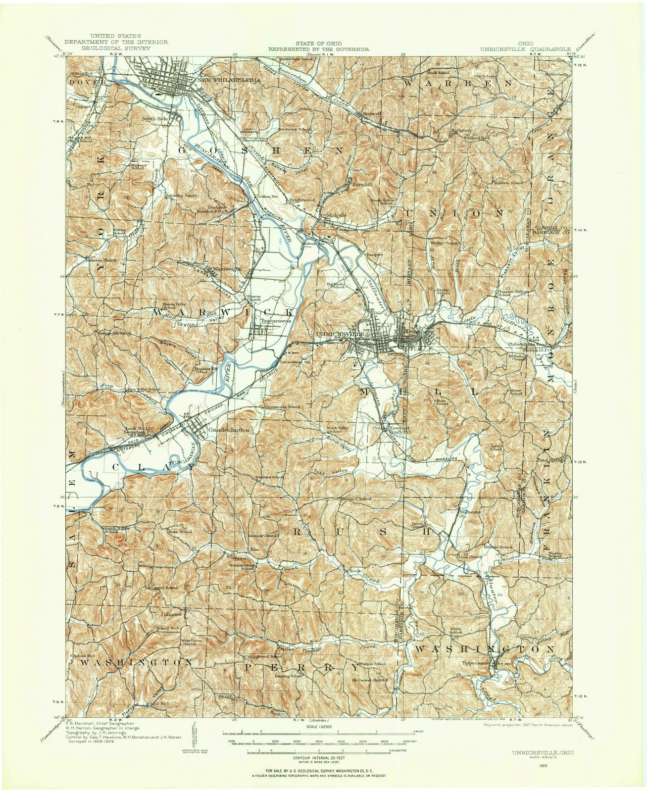 1909 Uhrichsville Ohio USGS Historical Topographic Map - Vintage Wall Art Decor 35x44 Inches - Large Framed Map for Home Office, Classroom & Gift