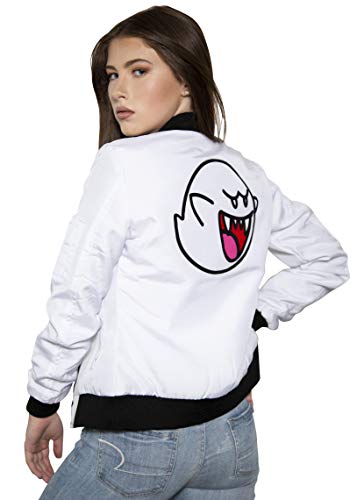 LUCA DESIGNS Women's Super Mario Nintendo Boo Satin Bomber Jacket - Lightweight Vintage Video Game Cosplay Outerwear for Halloween & Anime Conventions